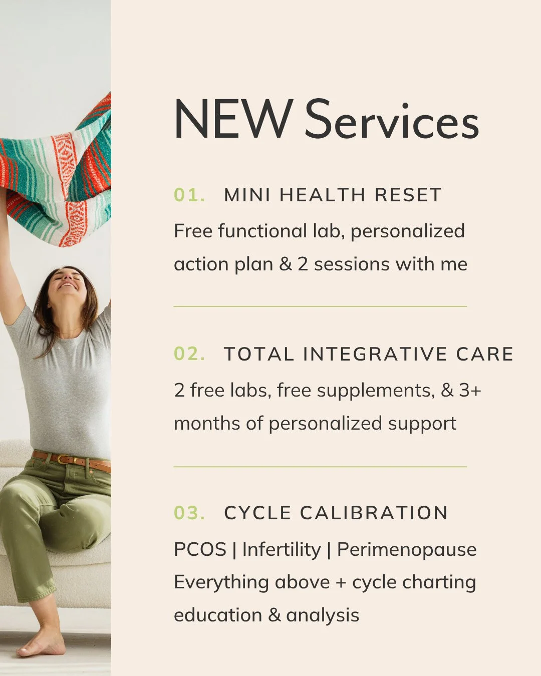 New services!
Whether you just want some quick answers (Mini) or you know you need someone to help you stay accountable to your goals (Total) or you were just diagnosed with PCOS and want support managing your diagnosis holistically (Cycle), we've