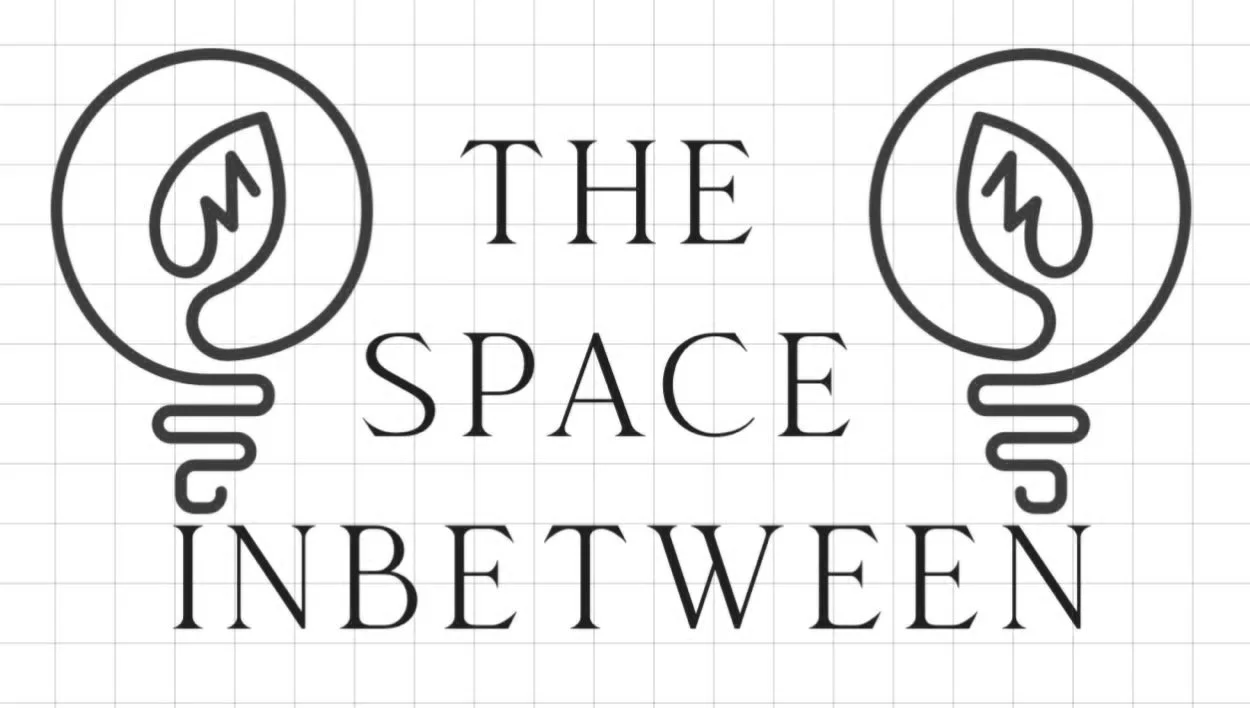 "The Space Inbetween" text with leaf and spiral designs on yellow grid background.