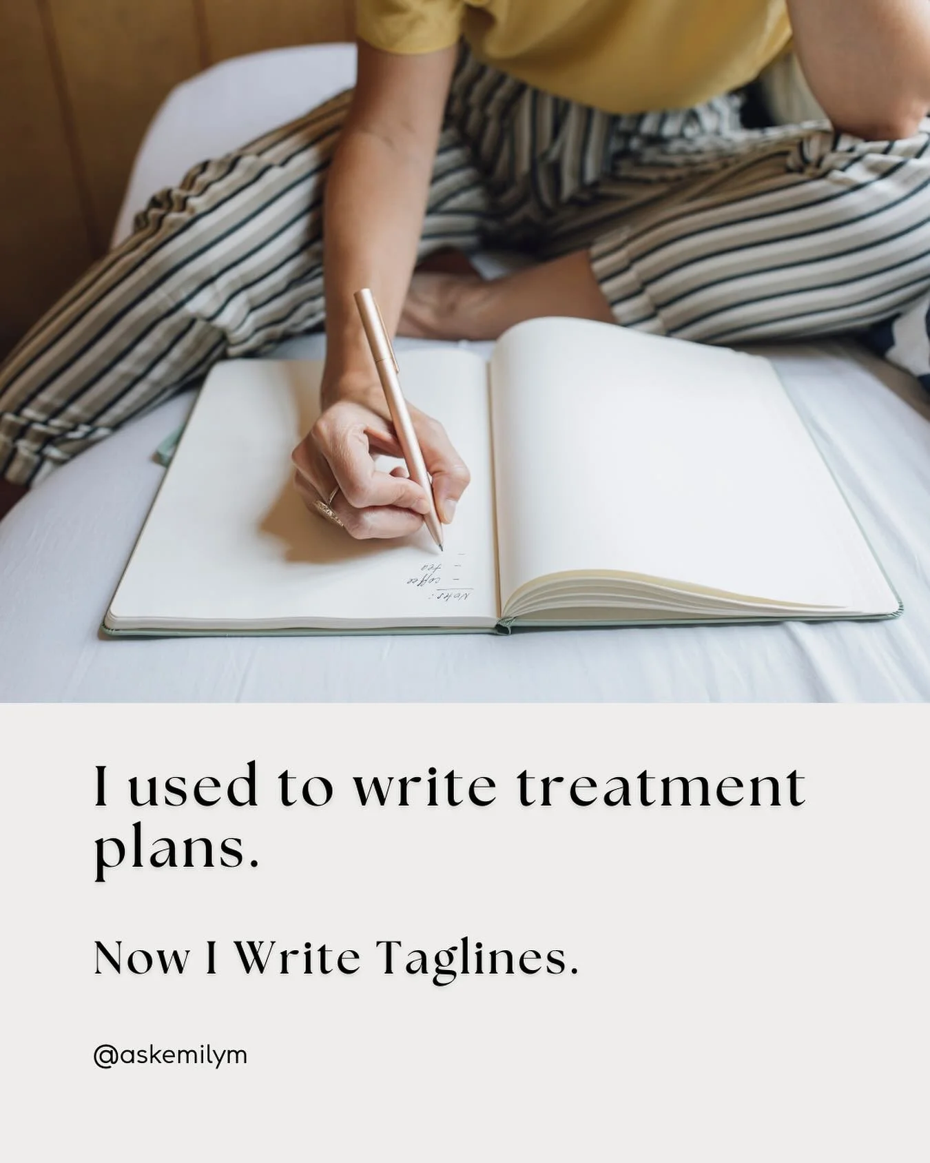 Hi, I&rsquo;m Emily, founder of @getpricelesscopy. 

I used to be a psychotherapist. I spent years learning to how help people feel seen and supported. But something was missing. So I made a wild pivot: from clinician to creator. 

I realized I could