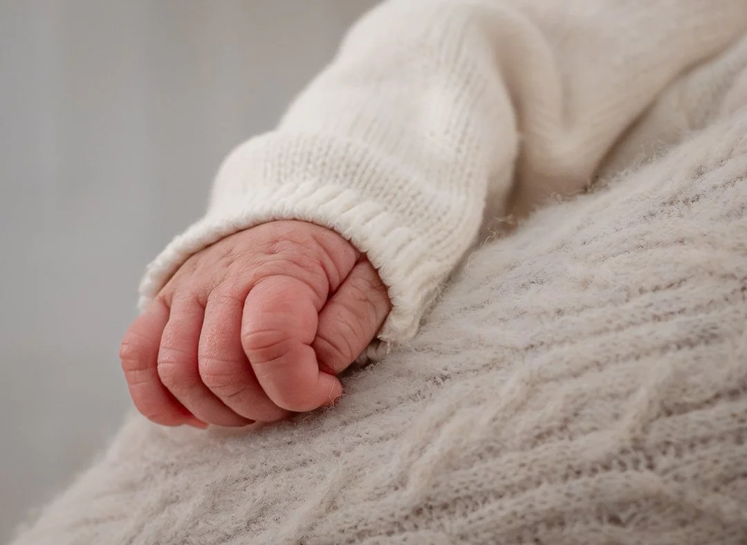 picture from newborn session at home of newborn baby girls small hand up close by Erin E Gallagher Photography in Waynesboro, VA