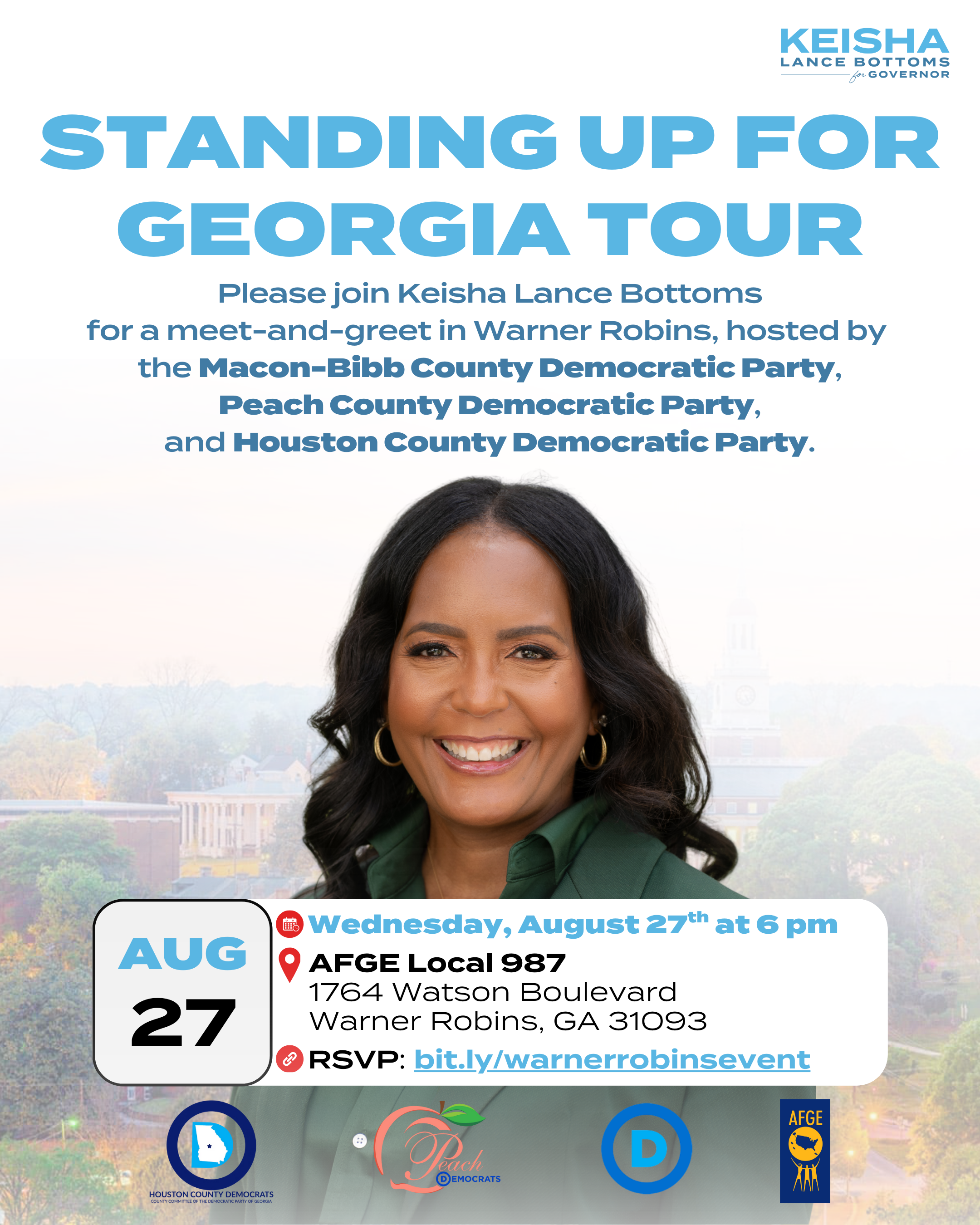 You are invited to join Mayor Keisha Lance Bottoms for a meet and greet in Warner Robins, hosted by the Macon-Bibb County, Peach County, and Houston County Democratic Parties.