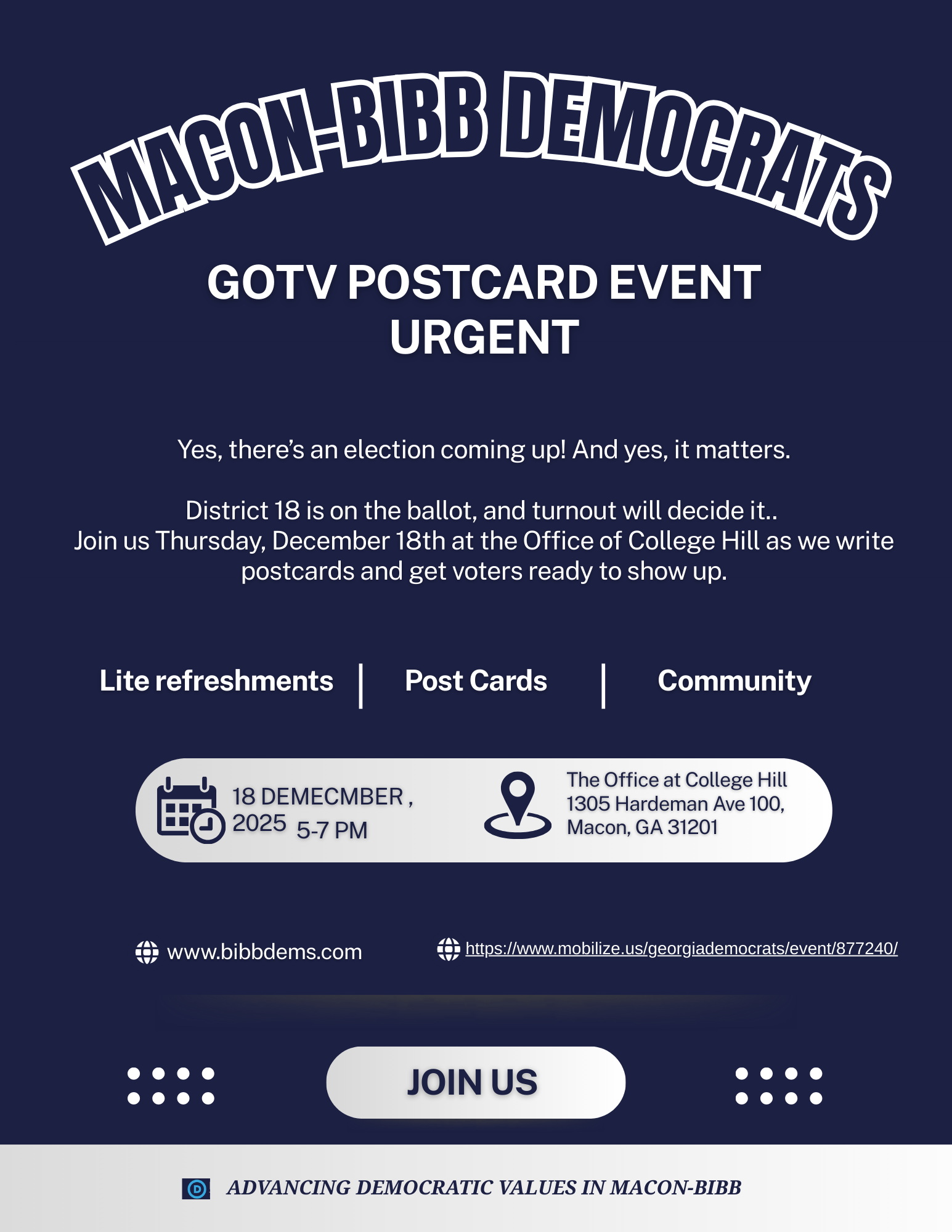 Macon-Bibb Democrats GOTV POSTCARD EVENT — URGENT
