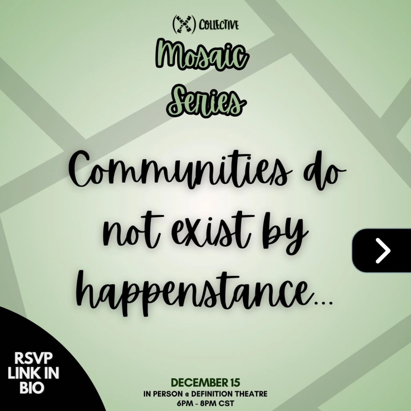 Why do we gather?

Because community care doesn&rsquo;t happen by accident &mdash; it happens when we choose to show up for one another.

The Mosaic Series is a space where historically excluded theatre artists can breathe, be held, and build togethe