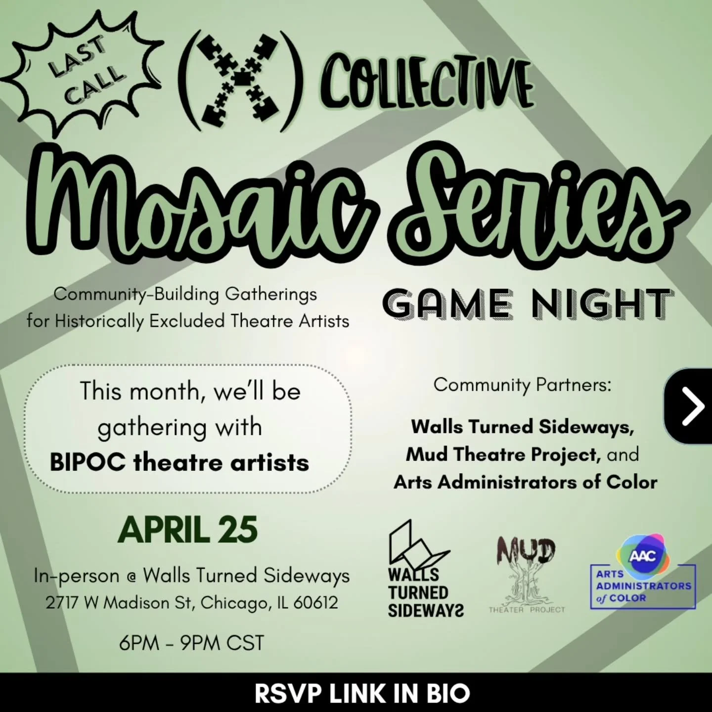 LAST CALL!

We&rsquo;re gathering with BIPOC Theatre Artists for our Mosaic Series: Game Night this Saturday, April 25 from 6-9 PM for our next Mosaic Series at Walls Turned Sideways (@wallsturnedsideways). 

Did we break out the Bop-It for this one?