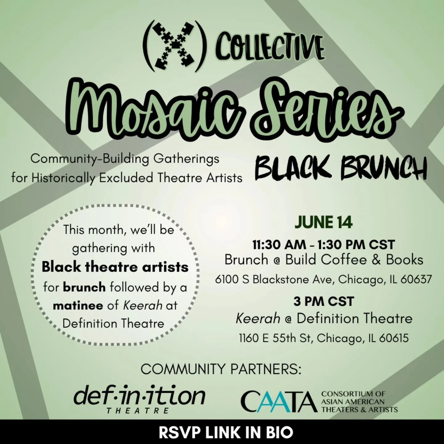 Registration is now open for our upcoming Mosaic Series gathering!!

In honor of Juneteenth week, our June Black Brunch gathering will center Black theatre artists and take place in person on Sunday, June 14, from 11:30 AM - 1:30 PM at Build Coffee &