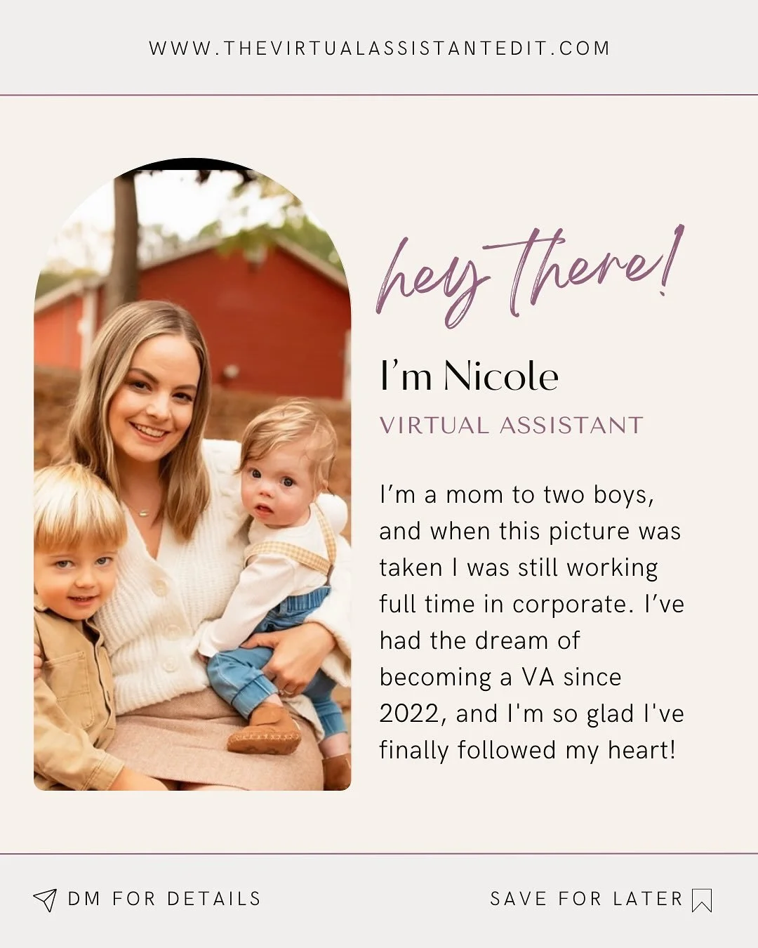 A little about my story on how I got here :)

I'm a mama to two boys and my time with them (and my husband) is so important to me. Becoming a Virtual Assistant after working in corporate is giving me more freedom that I not only want, but need. I'm s