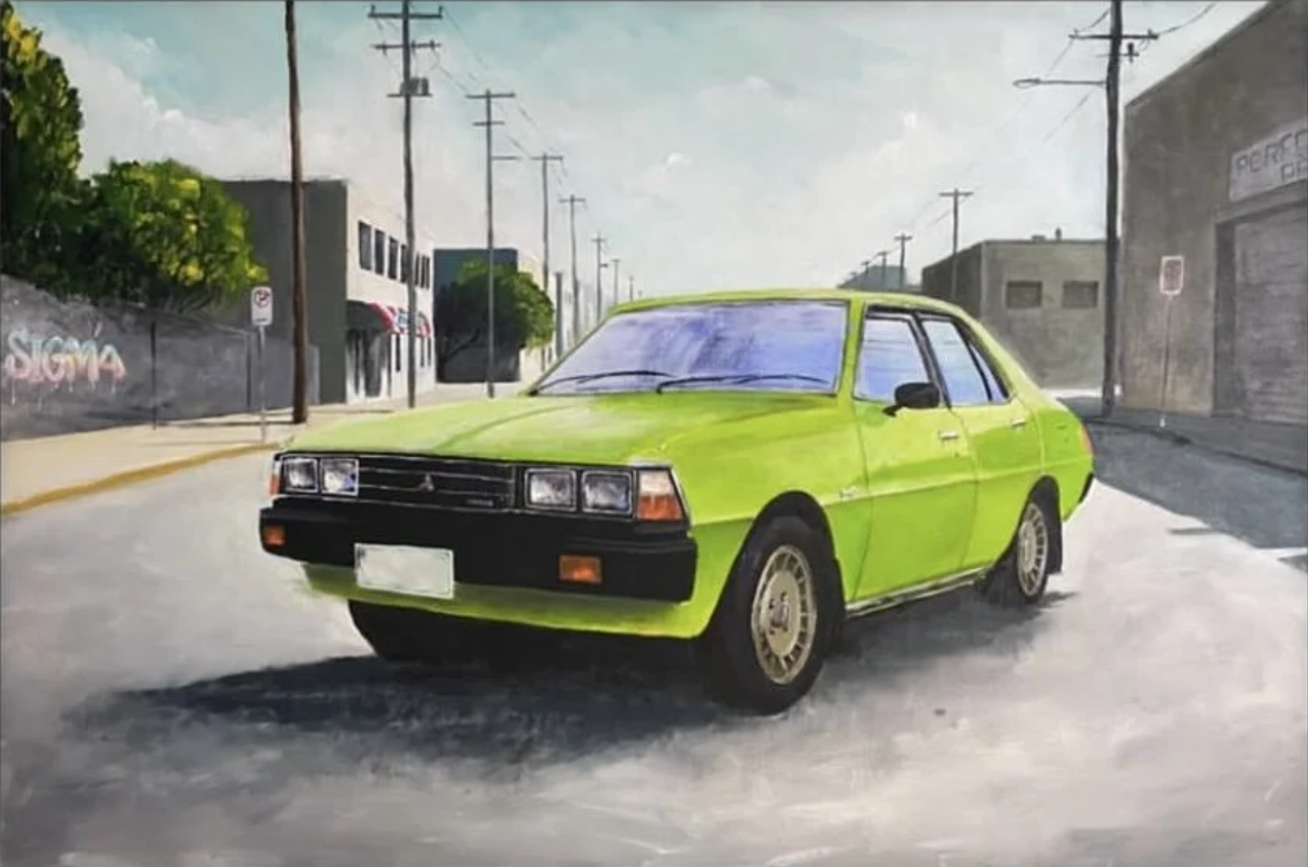commissions | 1970s Mitsubishi Sigma, cruising through a quiet city street, capturing the clean lines and attitude of classic Japanese sedans.