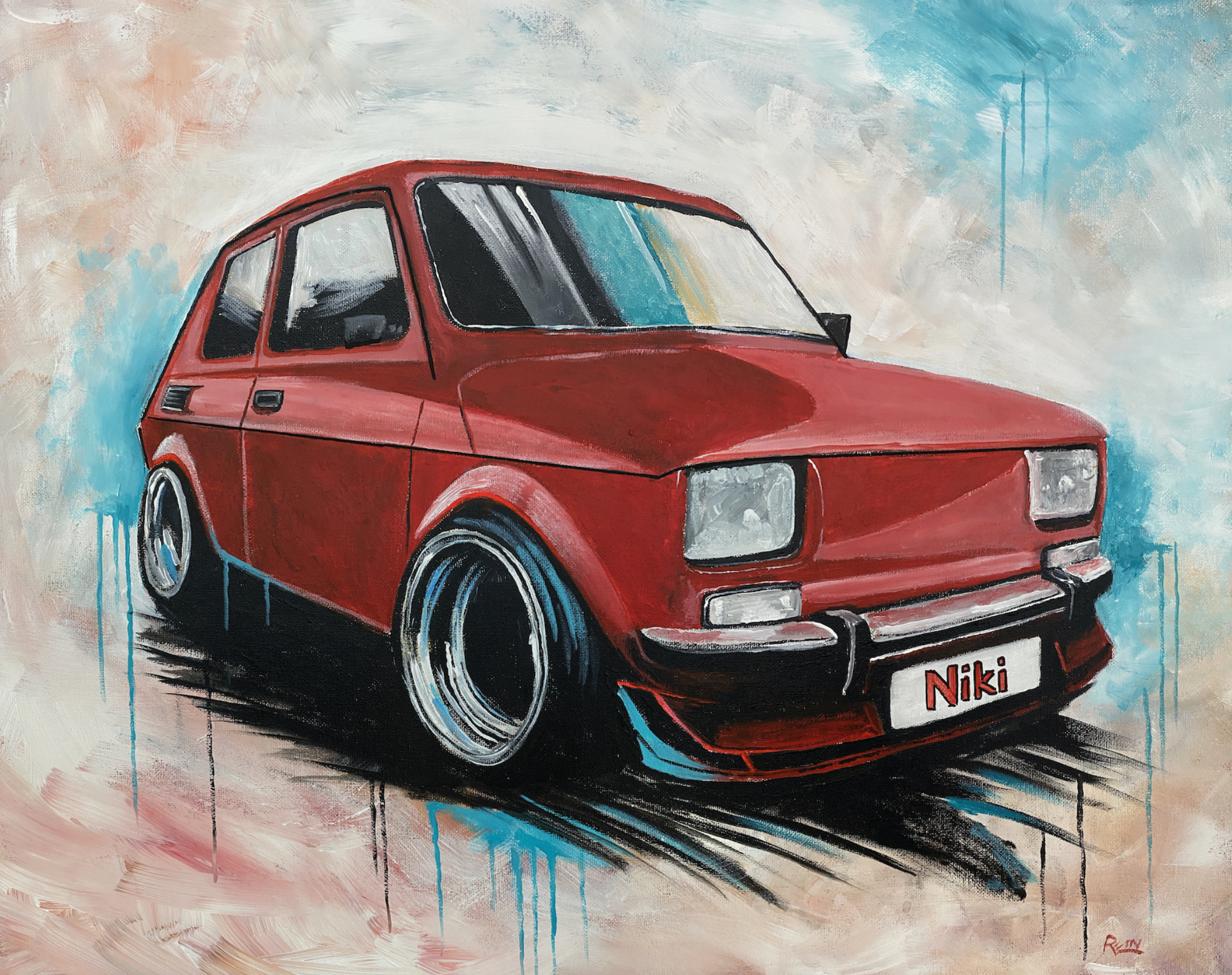 commissions | Andre's Polish Fiat 126p, on abstract background.