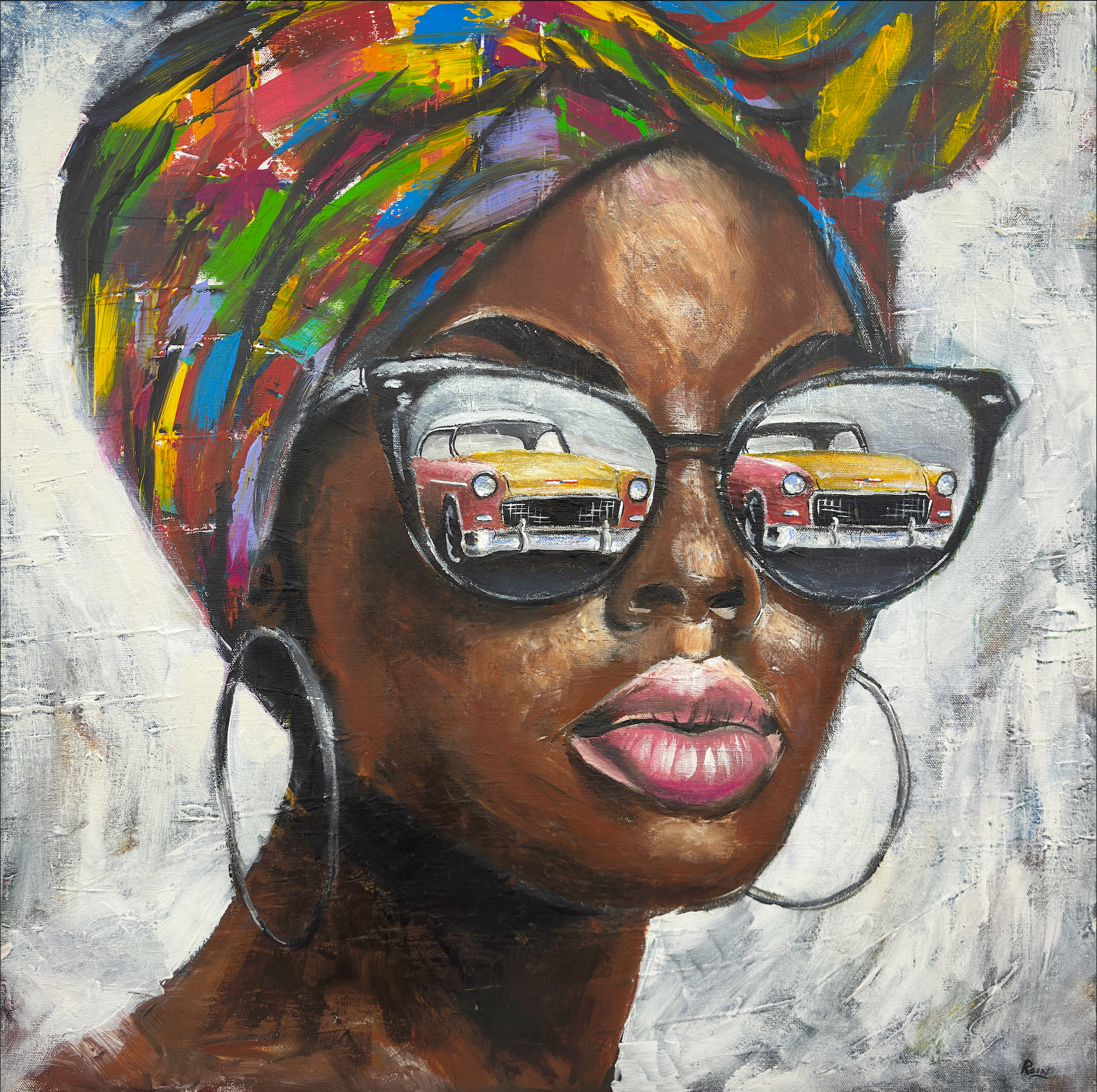 A portrait of a woman with dark skin wearing large sunglasses that reflect a colorful classic car. She has a colorful headscarf and large hoop earrings, with a serious expression.