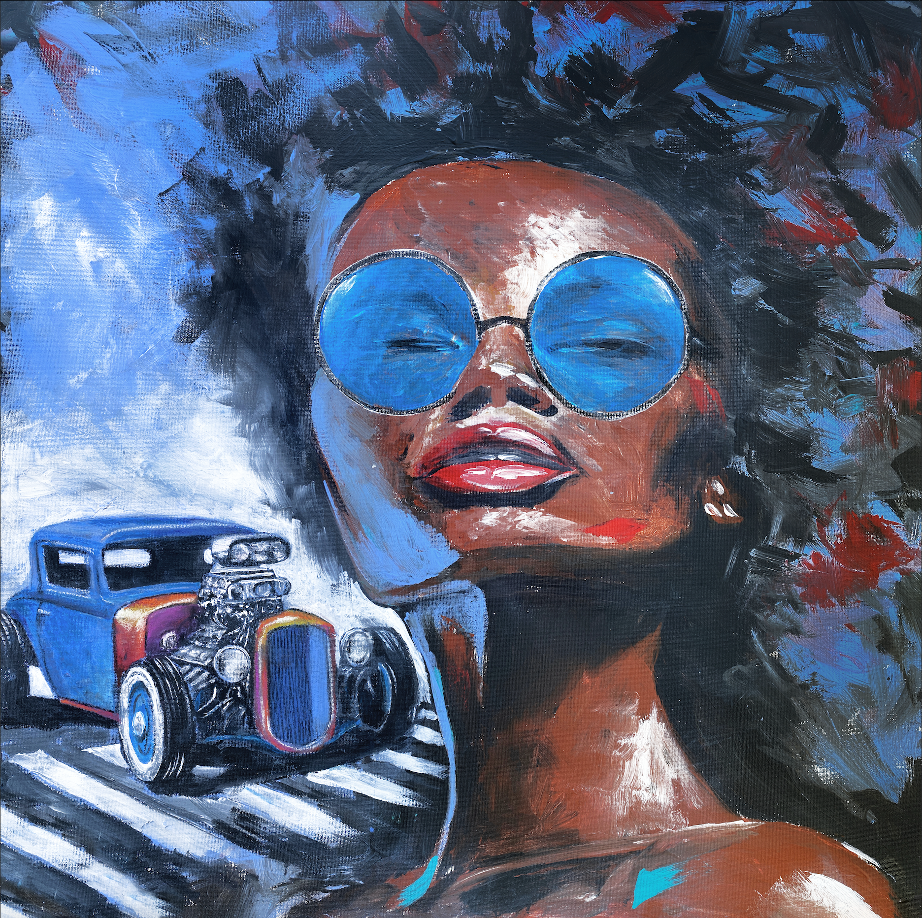 A painting of a woman with curly hair wearing blue sunglasses, smiling with red lipstick, and a classic blue car with an exposed engine in the background.