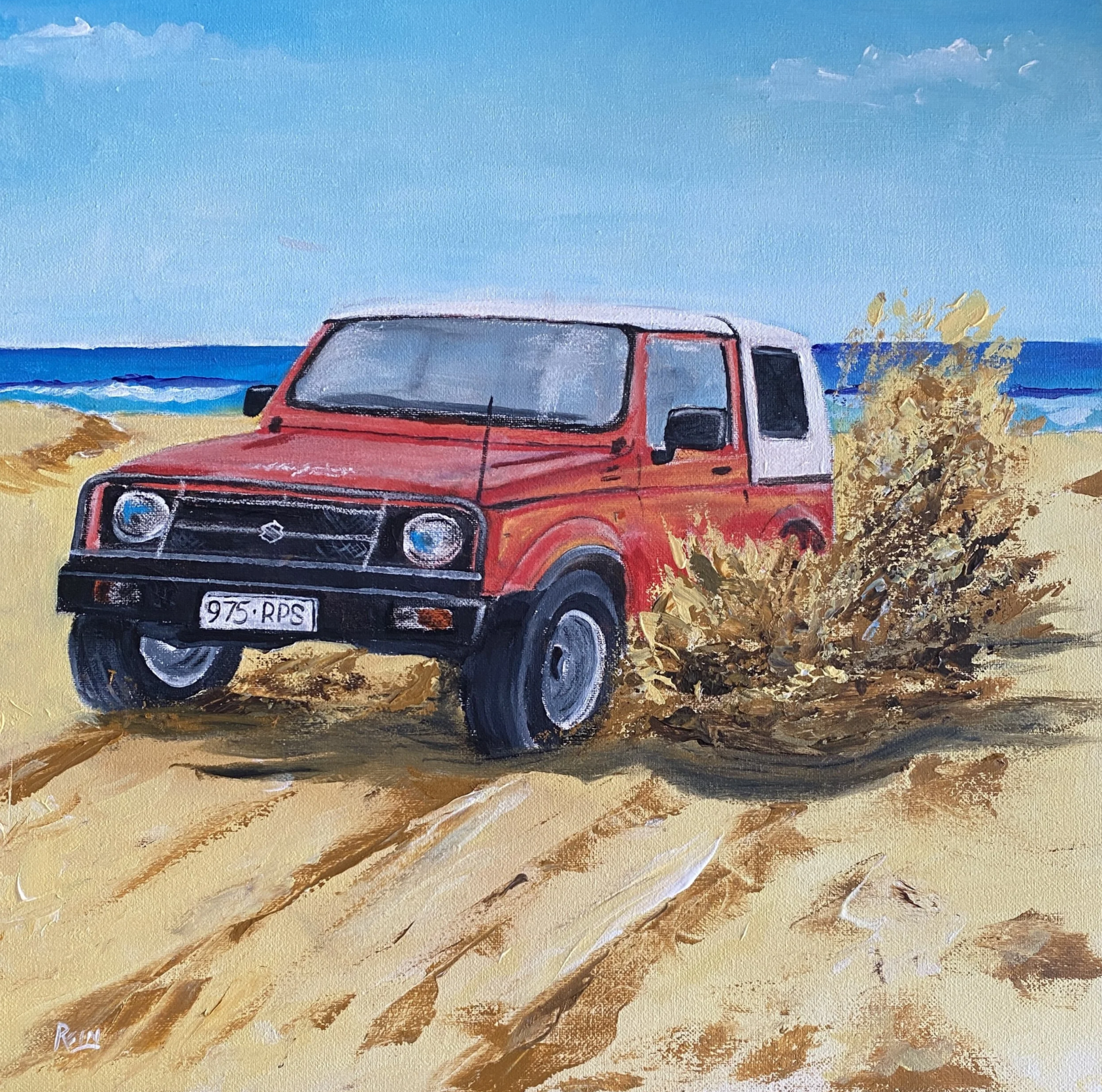 commissions | Strawberry Suzi. 
A classic Suzuki Sierra/Jimny charging through sand at the edge of the sea.