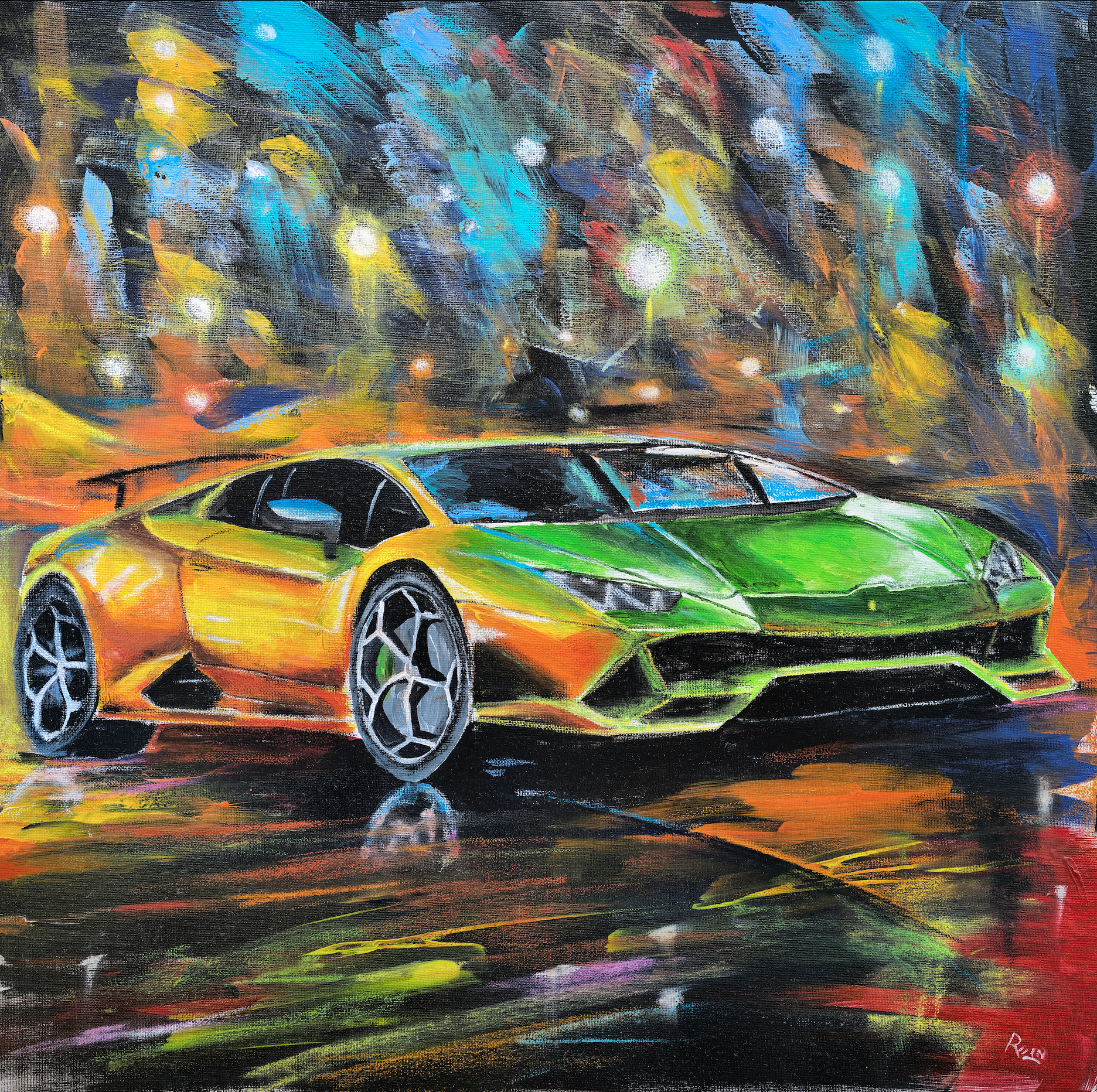 A colorful painting of a green and yellow sports car, resembling a Lamborghini, on a wet street with blurred multicolored lights in the background.