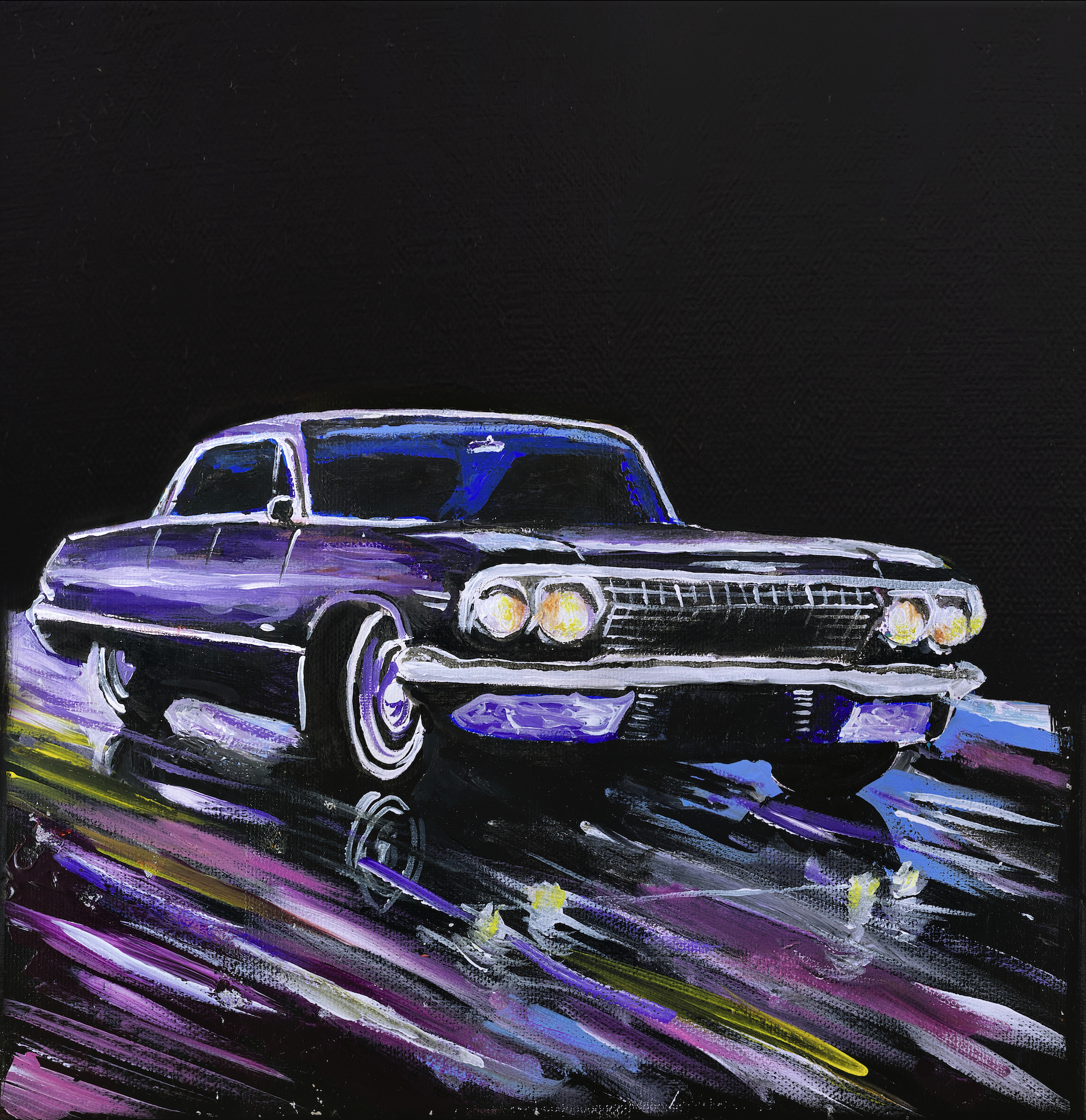 Painted artwork of a vintage car, likely a Cadillac, reflected on a wet surface with vibrant purple, blue, yellow, and white brushstrokes against a black background.