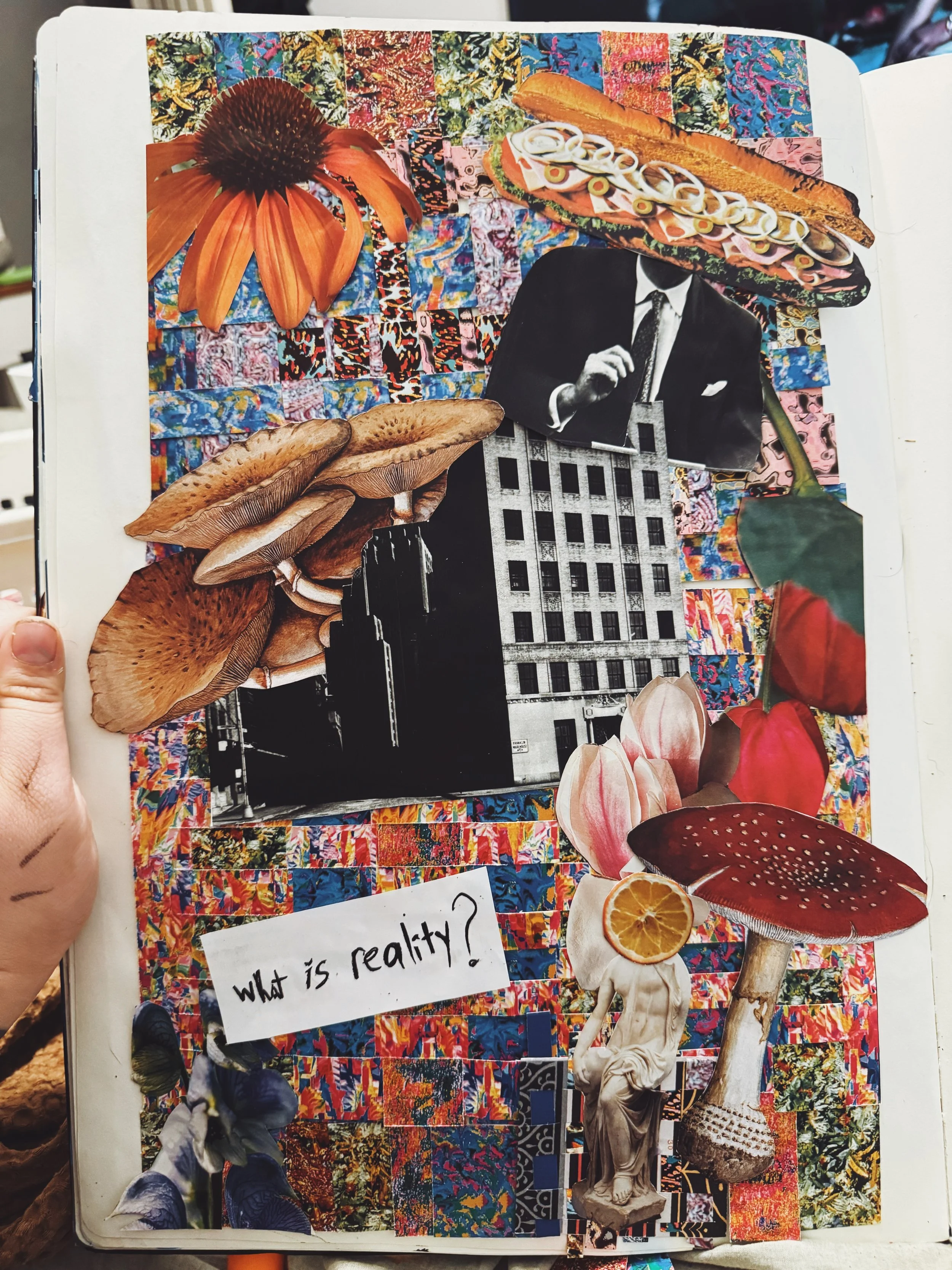 A collage of various images, including a large orange flower, mushrooms, a classical sculpture, a building, a hot dog with toppings, a glass of orange slices, a red flower, and abstract colorful patterns background. There is also a handwritten note that reads, 'What is reality?'.