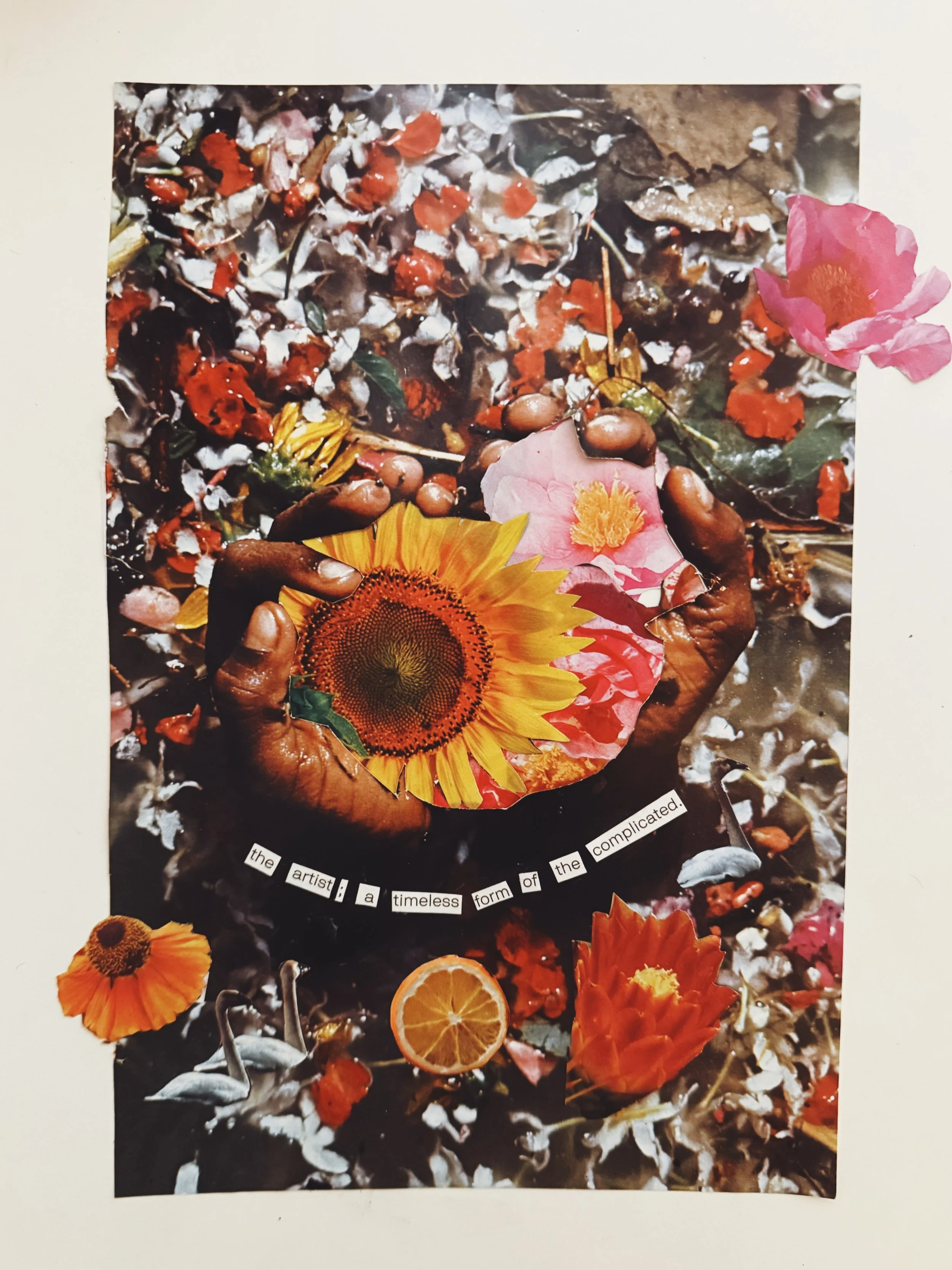 A collage of flowers, fruit slices, and natural elements with a quote that reads, 'the artist; a timeless form of the complicated.'