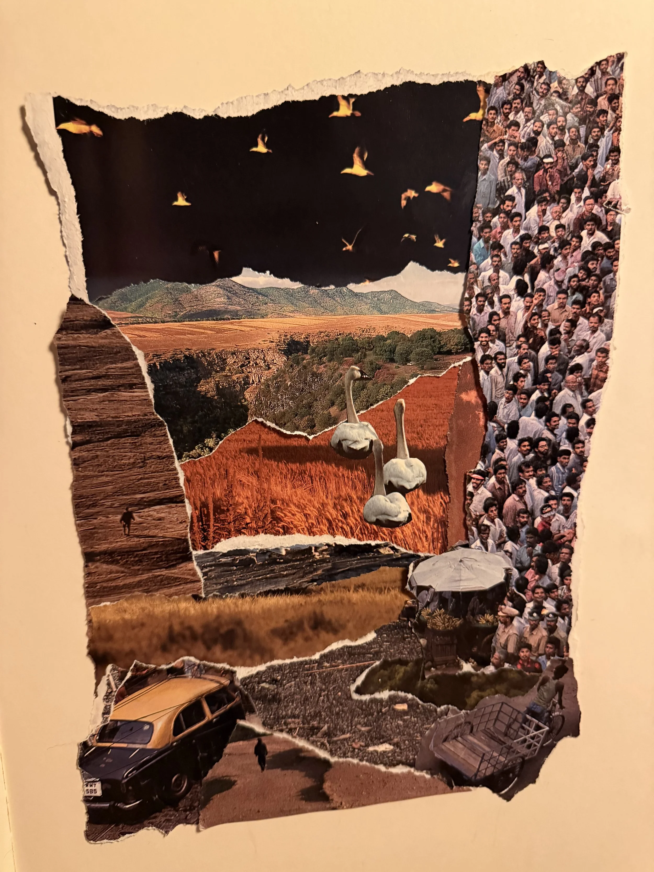 Collage-style artwork featuring a mountain landscape, a large flock of birds flying in the sky, a group of people crowding on the right side, a swan in the foreground, a car and a person walking near a river, and some umbrellas and carts.