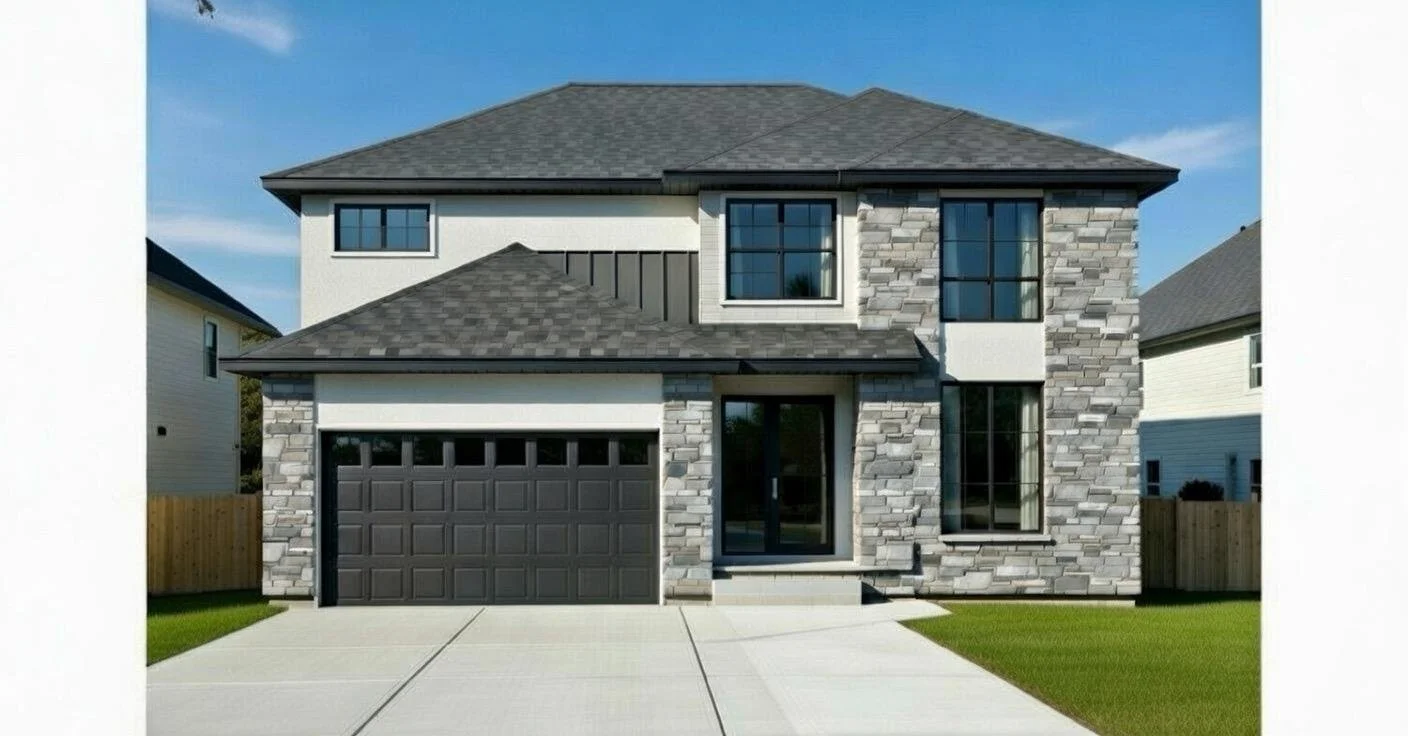 Front view of a modern two-story house with stone and white exterior, grey shingle roof, black window frames, and attached garage, on a sunny day with a well-maintained lawn.
