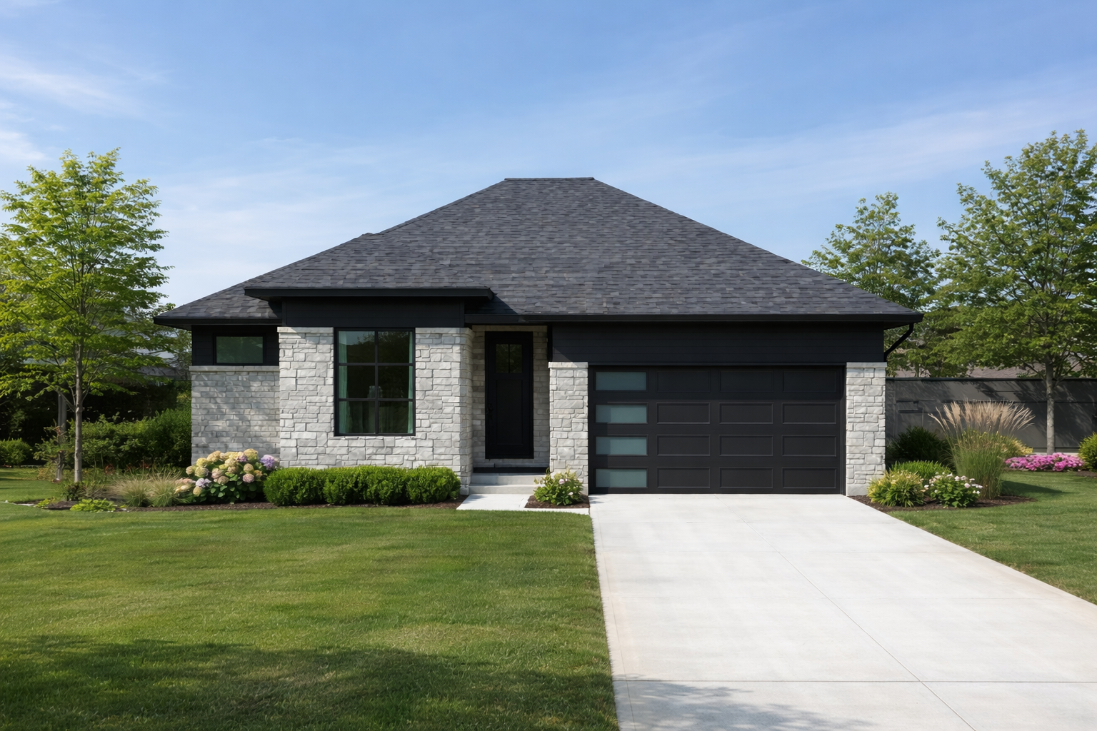 Modern house with stone exterior, black window frames, and a double garage on a well-maintained lawn with trees and flowers.