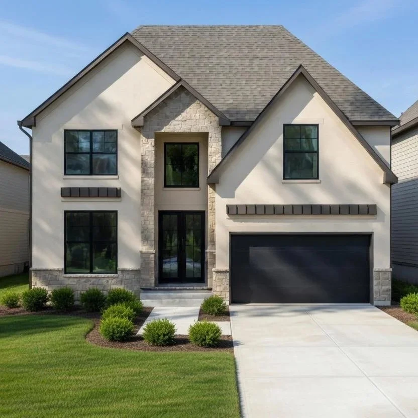 Modern two-story house with a landscaped lawn, black-framed windows, and a black garage door.