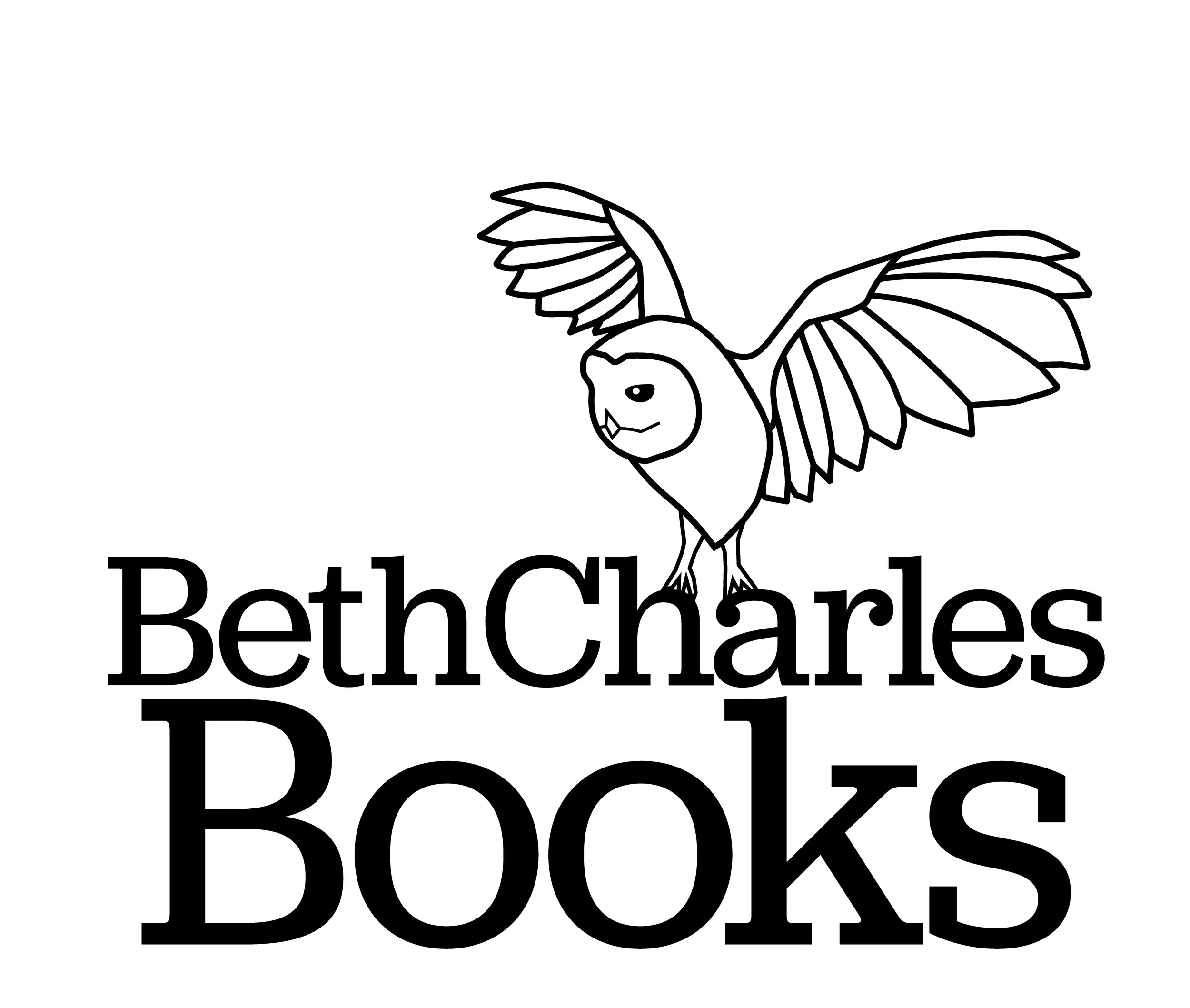 Logo for Beth Charles Books, bold type with an owl with its wings spread