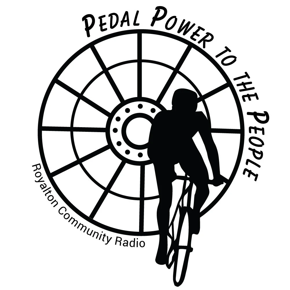 a bicyclist riding through a ferris wheel logo
