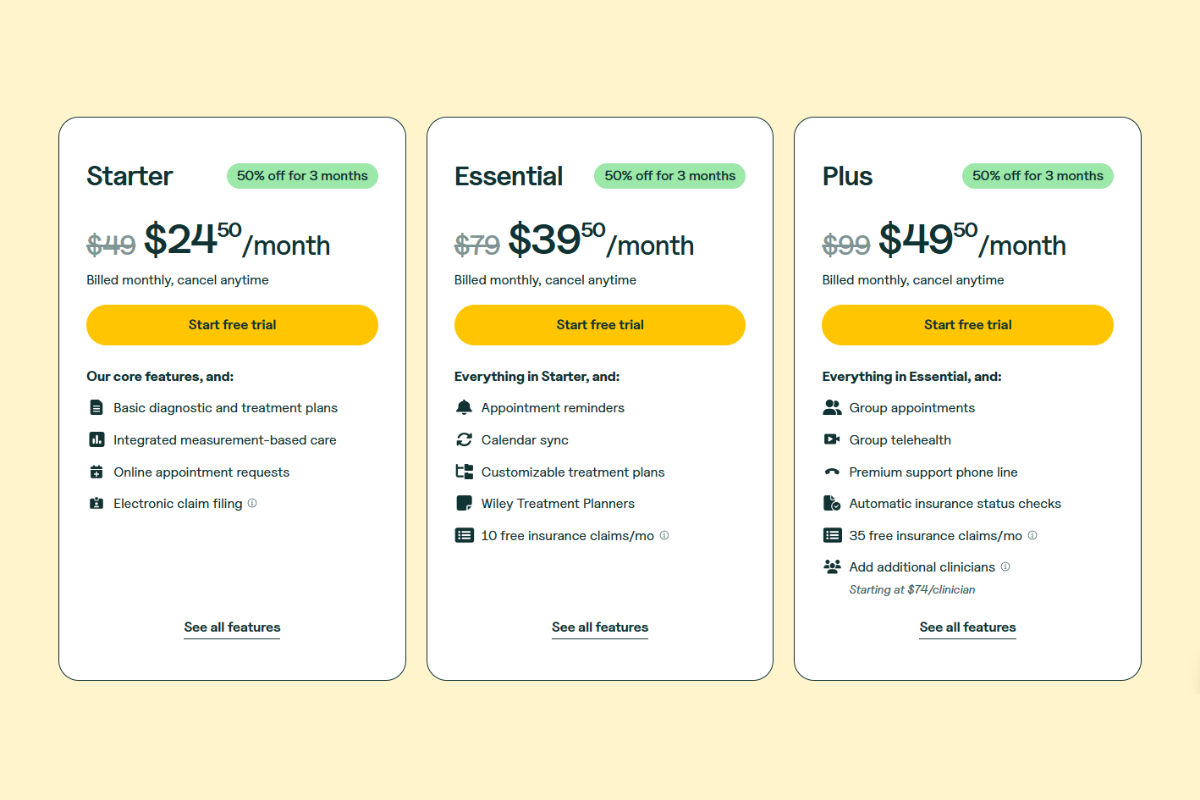 image of the pricing plan. $24.50 for Starter, $39.50 for Essential, and $49.50 for Plus.