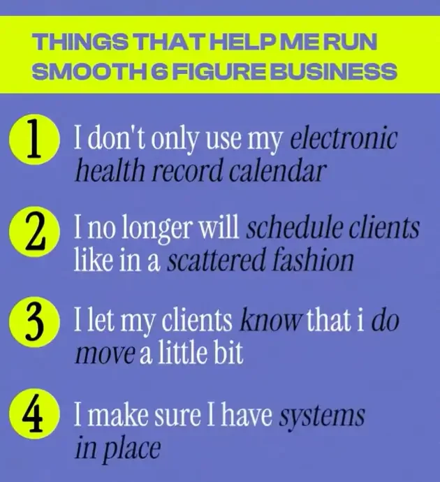Tips for running a successful six-figure business, including using a calendar and establishing systems for client scheduling.
