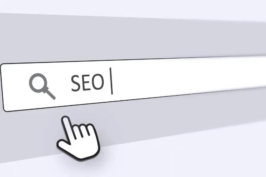 A visual representation of SEO concepts, featuring keywords, analytics graphs, and search engine results pages.