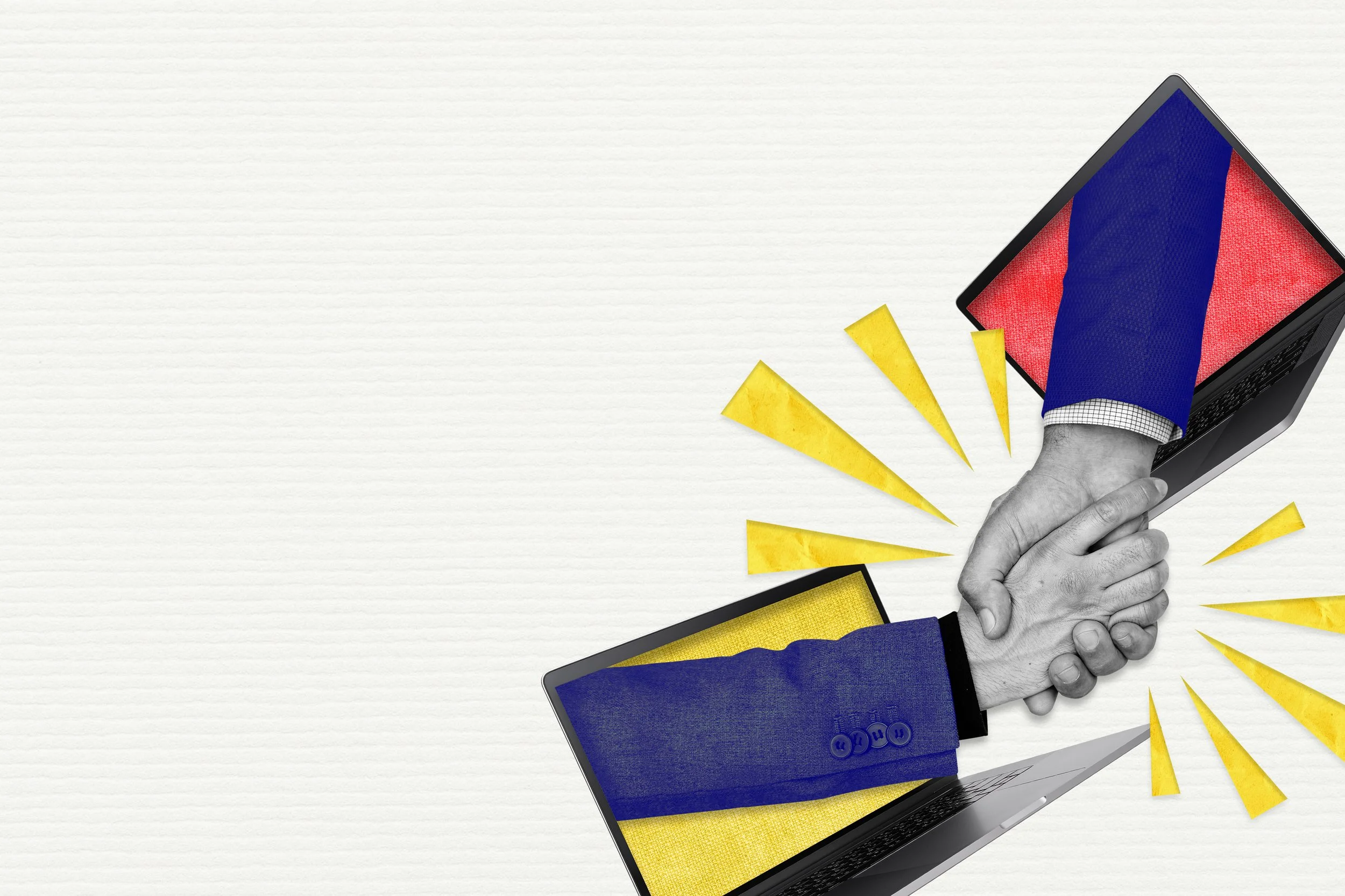 Two laptops display arms in blue suits reaching out, forming a handshake - The Private Practice Pro