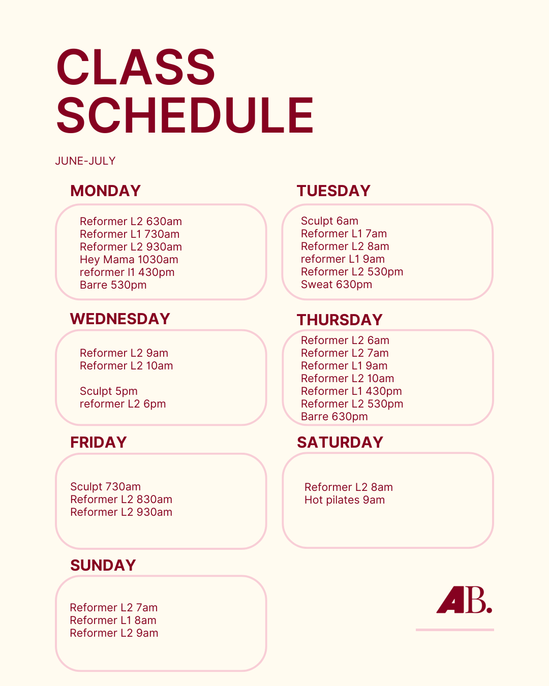 Weekly class schedule from June to July with classes listed for each day of the week, including times and class names.