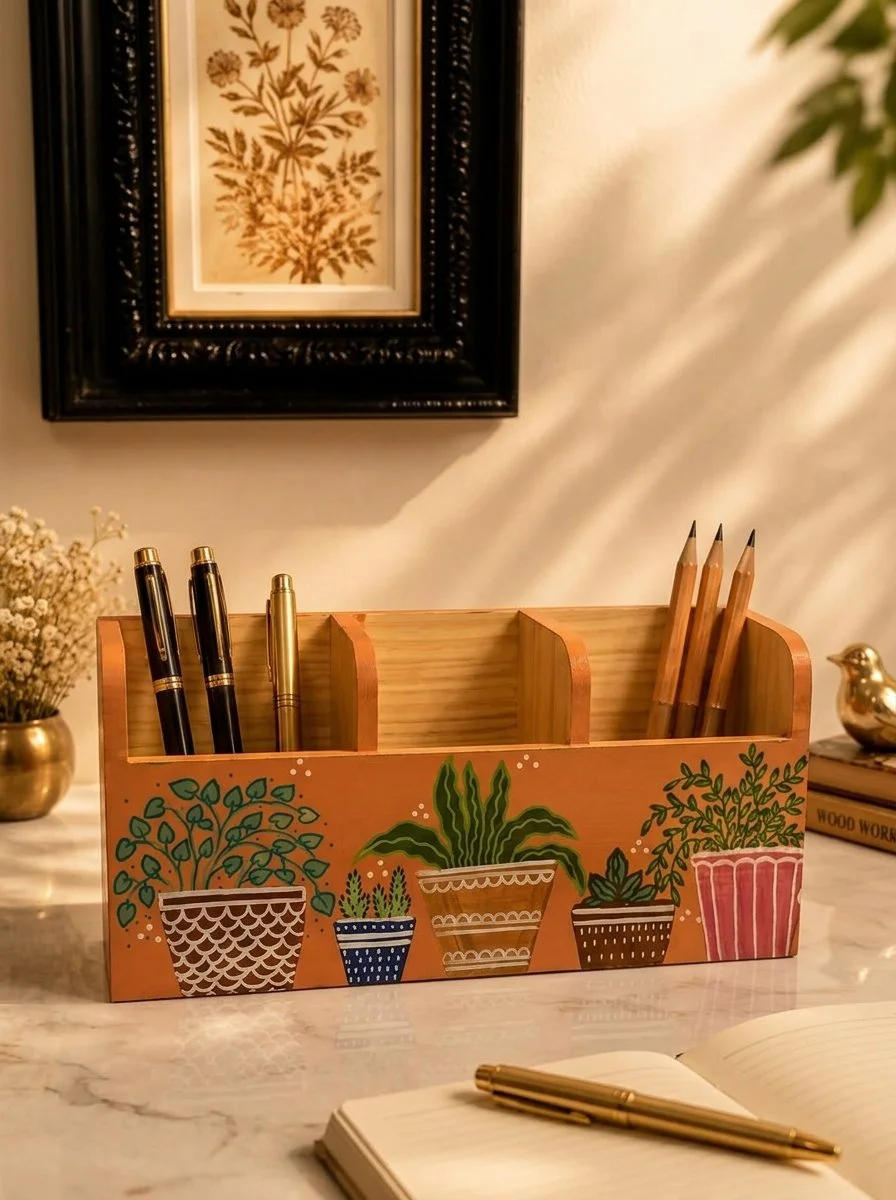 Terracotta Potted Garden Pen & Pencil Organizer, Hand-Painted Wood Desk Caddy