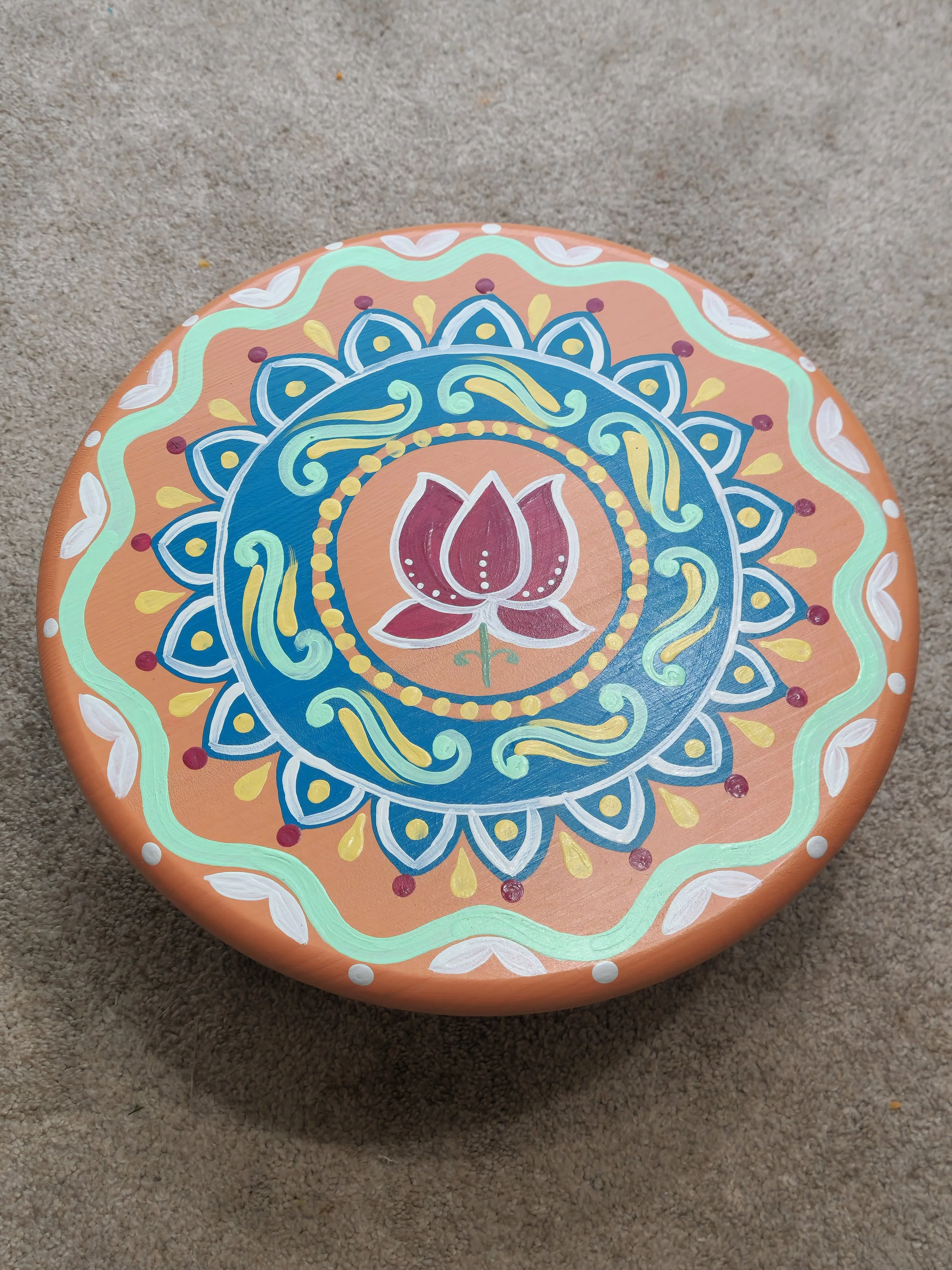 16" Handpainted Folk Bloom Stool, Pooja Room Stool