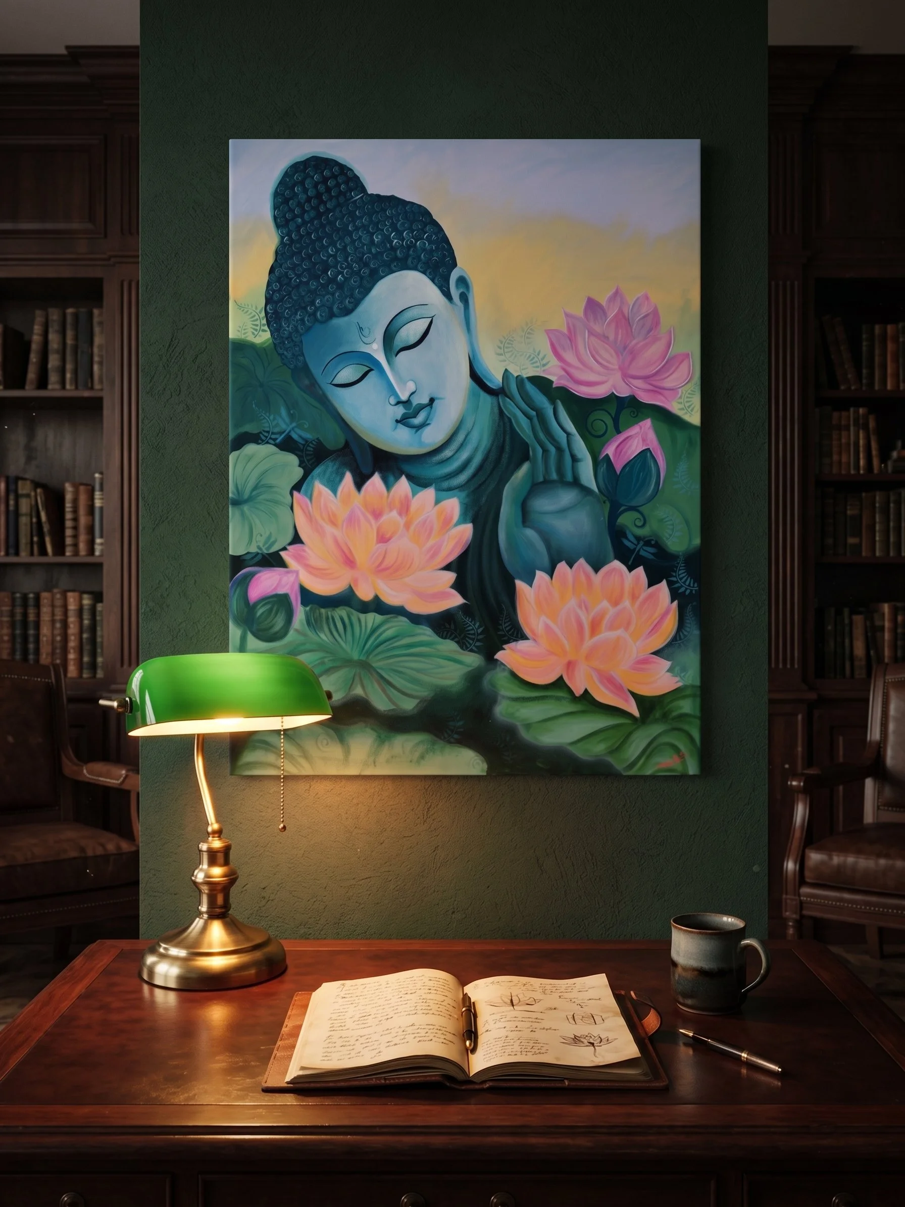 Green Buddha Pink Lotus Flowers 30x40 Large.jpg