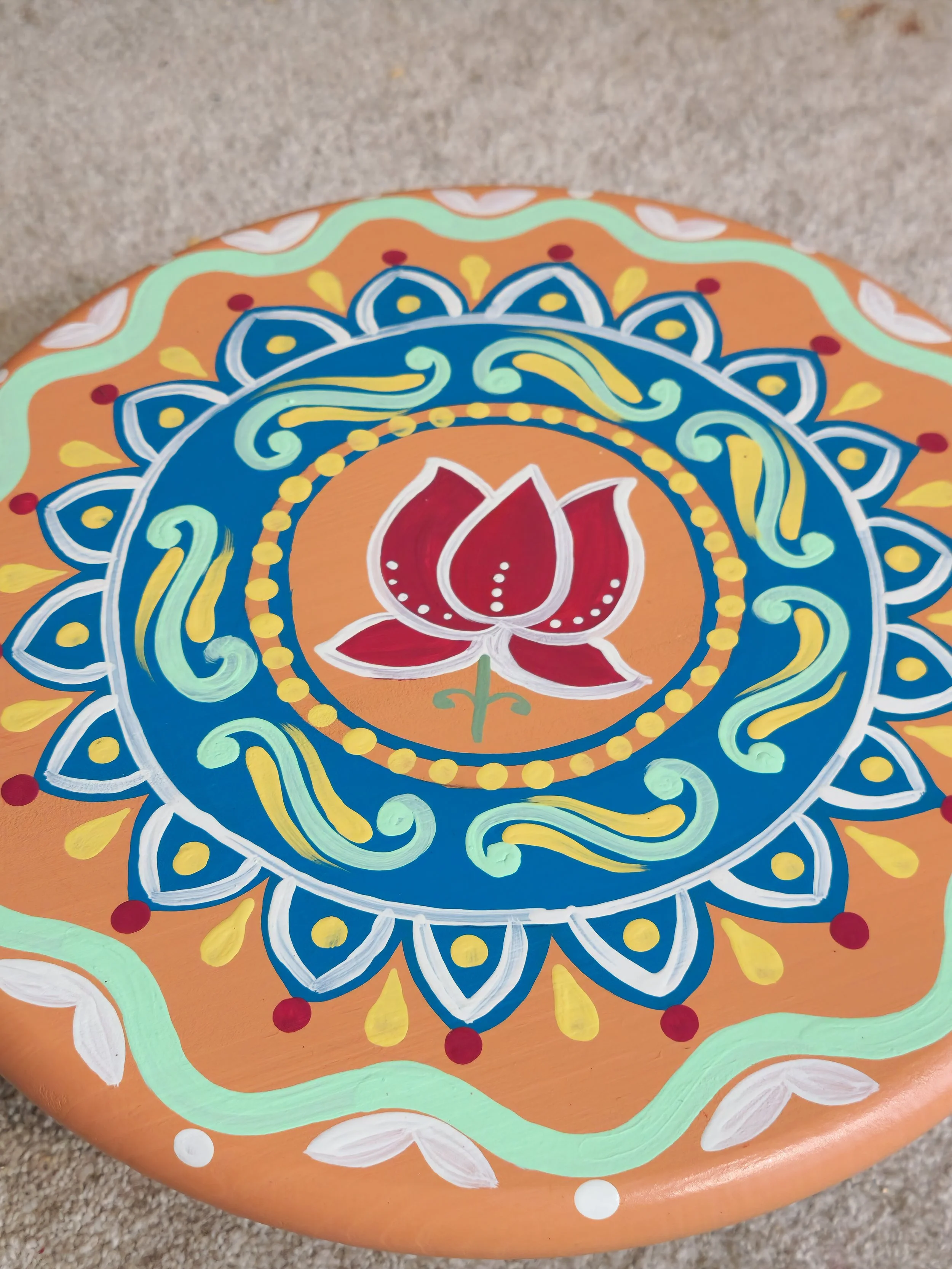 16" Handpainted Folk Bloom Stool, Pooja Room Stool