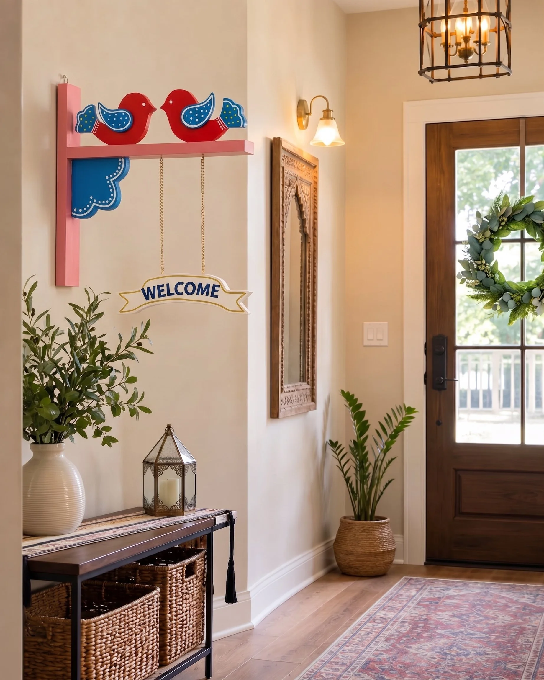 Red-Blue Lovebirds Welcome Perch, Hand-Painted Wood Wall Decor