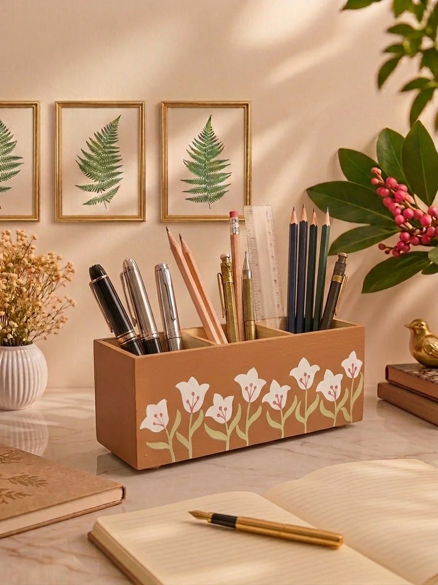 Amber Meadow Tulip Pen & Pencil Organizer, Hand-Painted Wood Desk Caddy