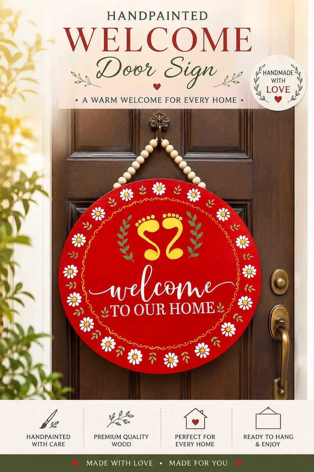 Welcome to Our Home Daisy Footprint Sign, 15" Hand-Painted Wooden Door Hanger (Red)