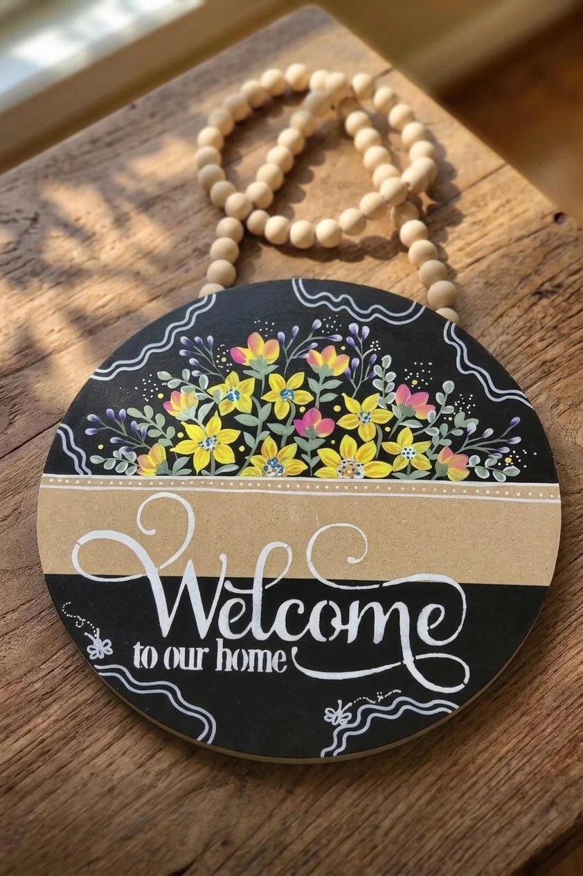 Welcome to Our Home Wildflower Sign, 15" Hand-Painted Wooden Door Hanger (Black Chalkboard Style)