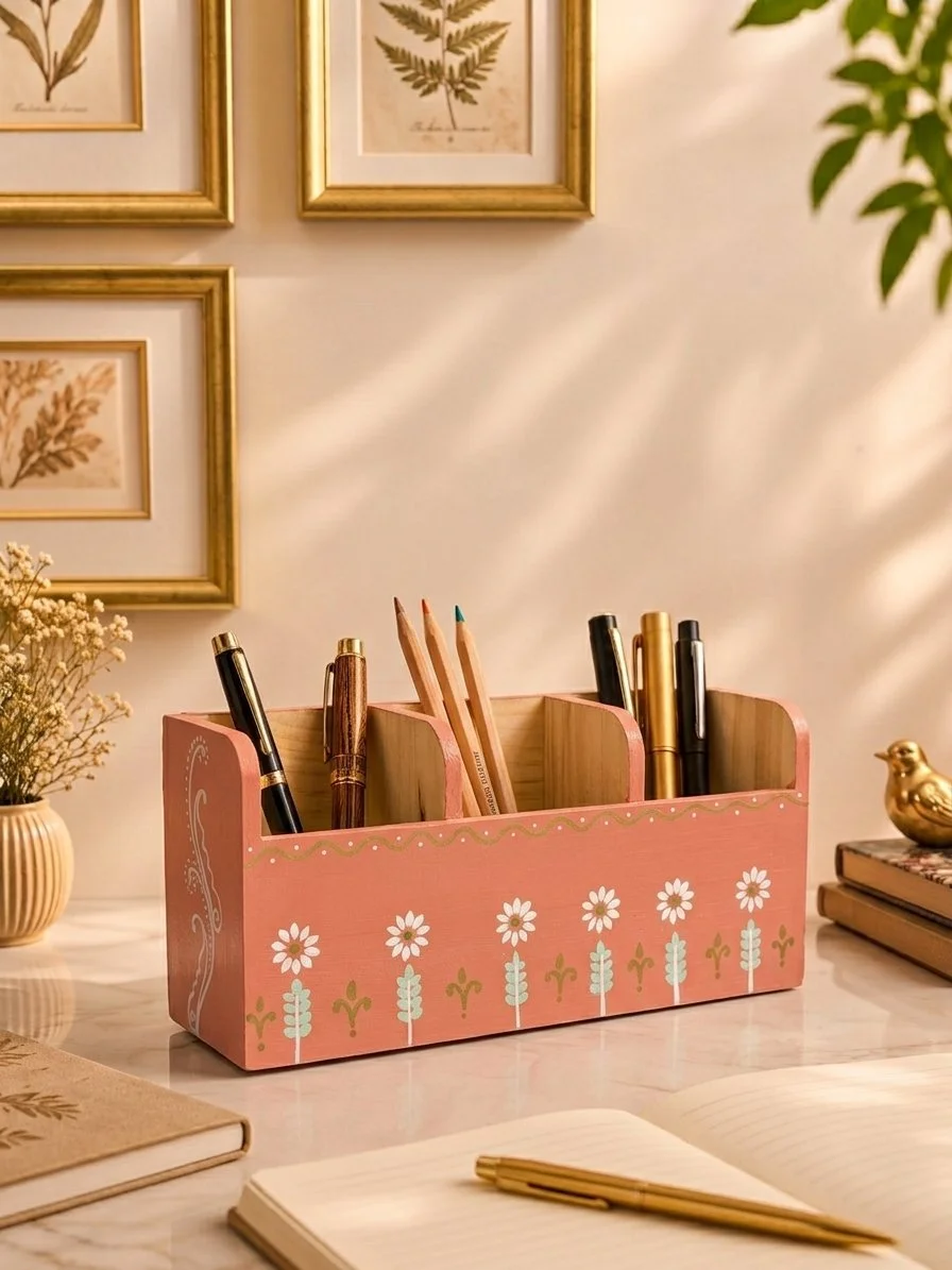 Petal Pink Daisy Pen & Pencil Organizer, Hand-Painted Wood Desk Caddy