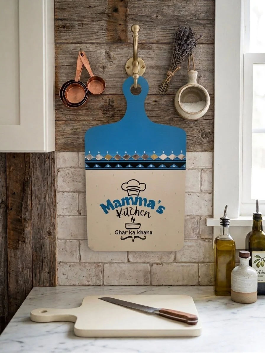 Mamma's Kitchen Ghar Ka Khana Cutting Board Sign, Hand-Painted Wooden Kitchen Wall Art (Blue & Tan)