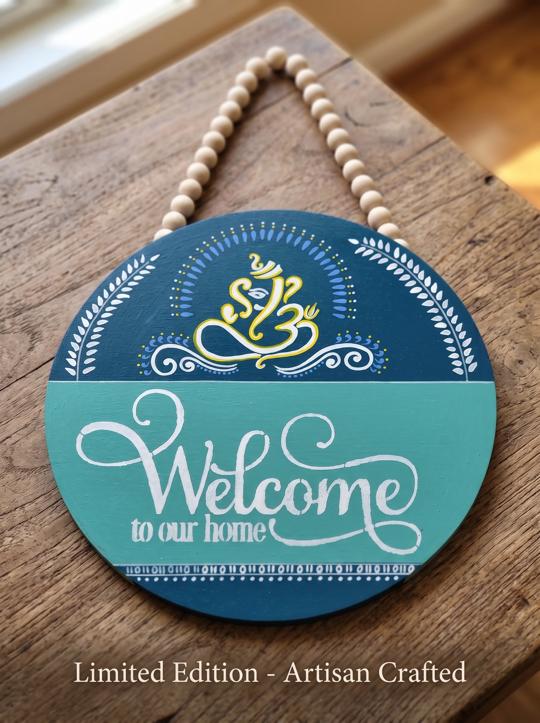 Ganesha Om Welcome Sign, 15"Hand-Painted Wooden Door Hanger (Teal & Navy)