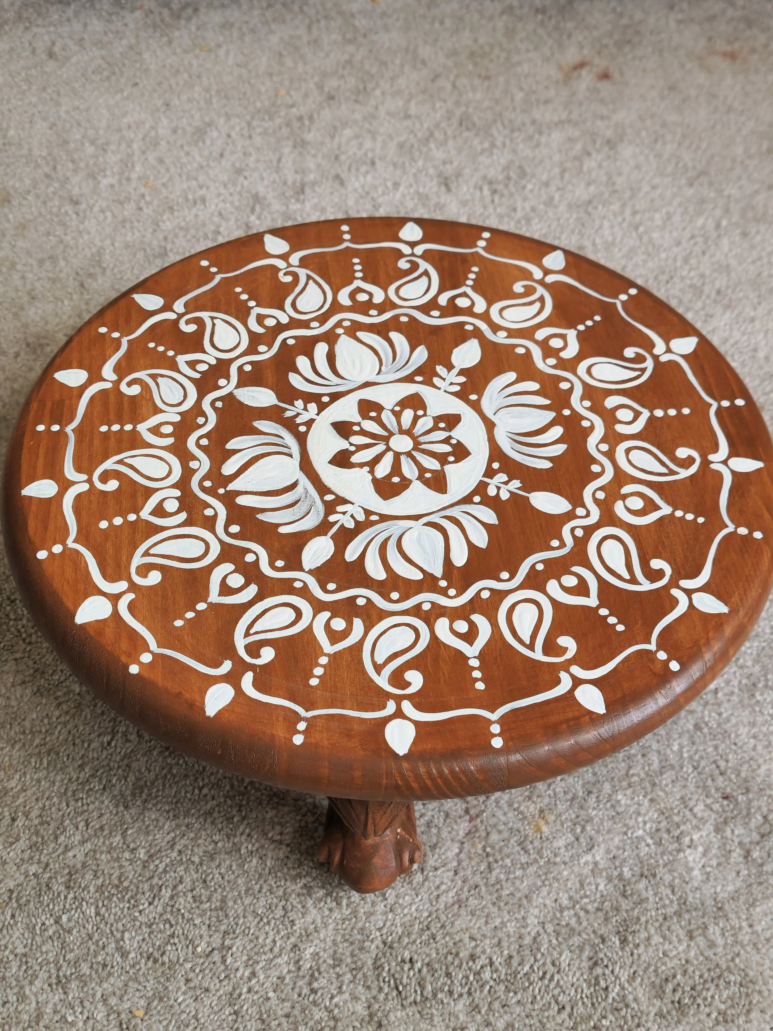 16" Handpainted Rustic Bloom Stool, Pooja Room Stool