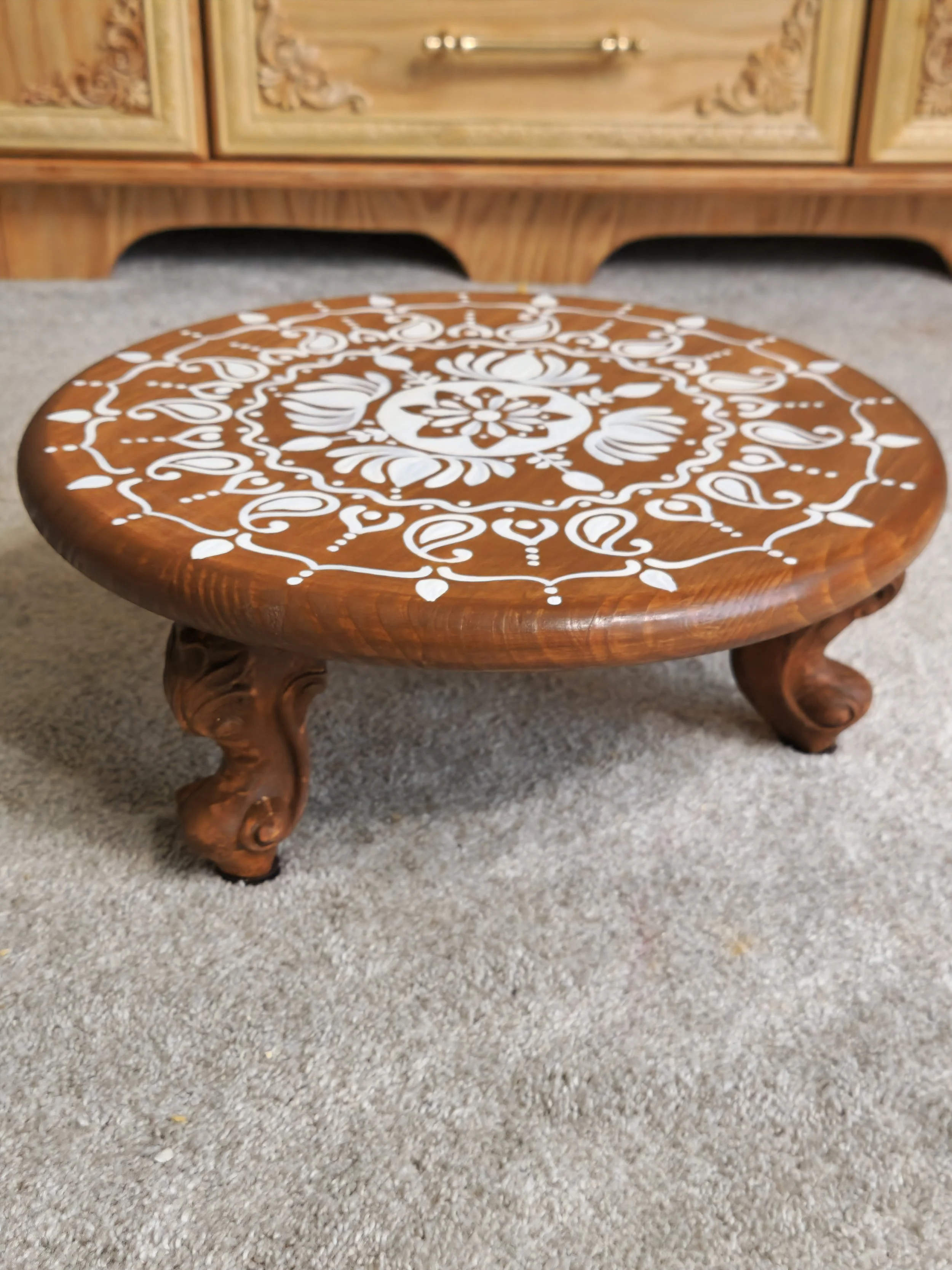 16" Handpainted Rustic Bloom Stool, Pooja Room Stool