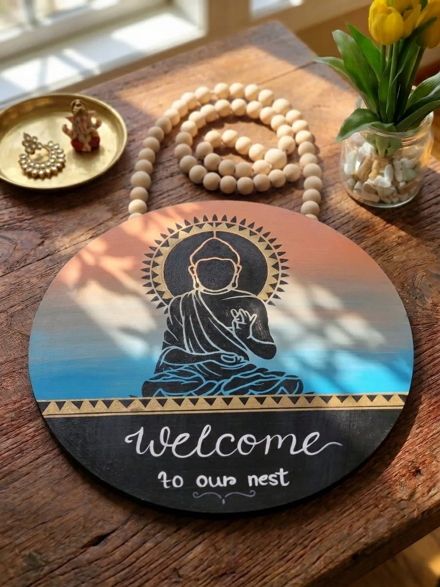 Welcome to Our Nest Buddha Sign, 15" Hand-Painted Wooden Door Hanger (Sunset)