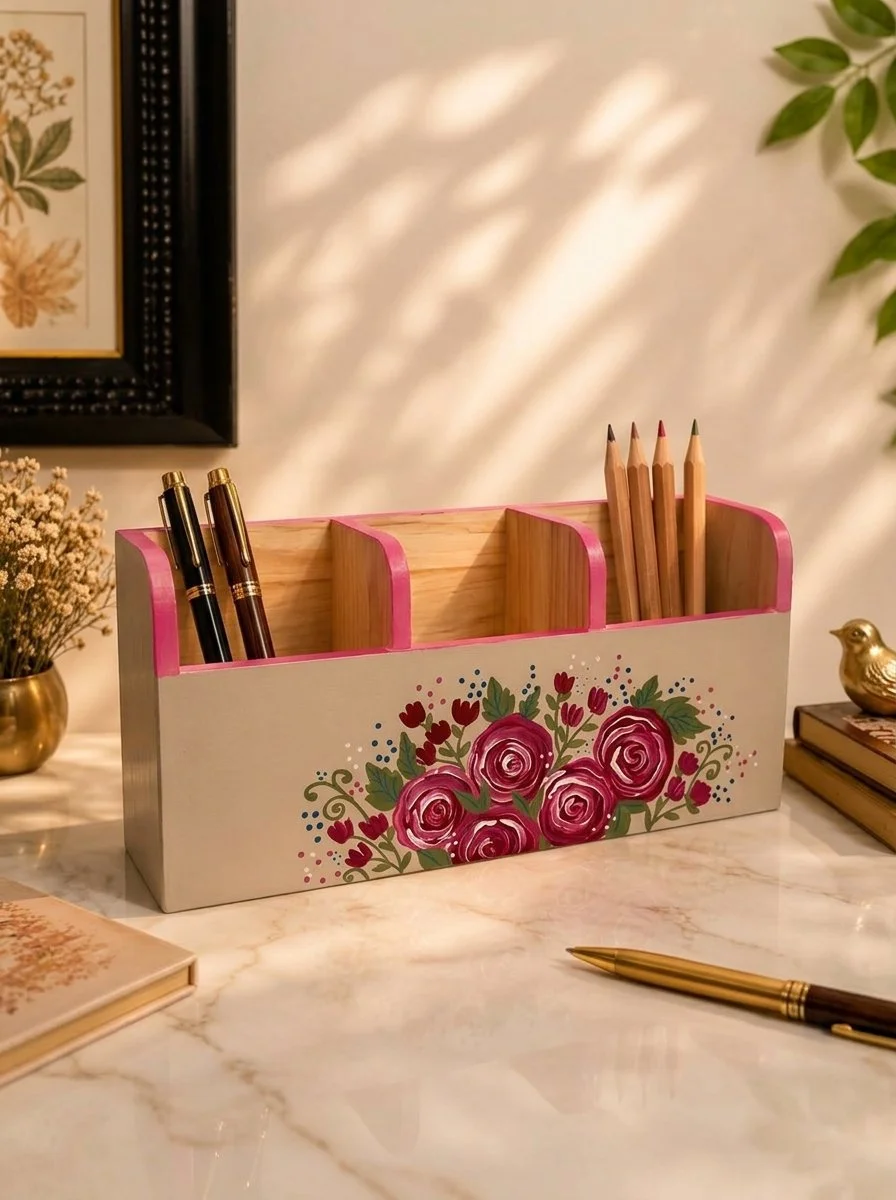 Blush Rose Garden Pen & Pencil Organizer, Hand-Painted Wood Desk Caddy