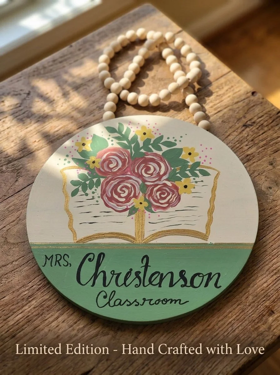 Personalized Teacher Classroom Sign, 12" Hand-Painted Wooden Door Hanger (Rose & Green)