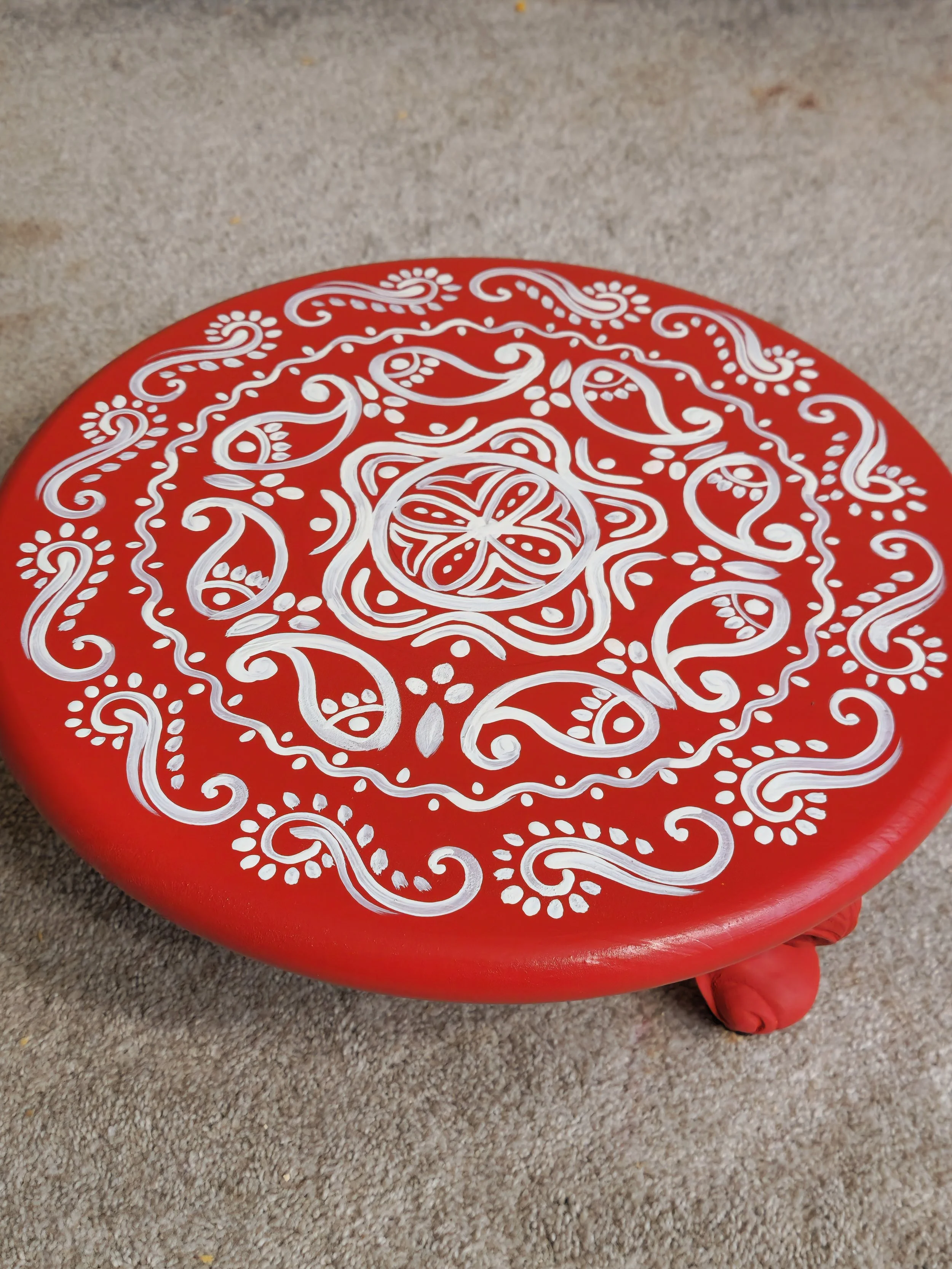 16" Handpainted Crimson Harmony Stool, Pooja Room Stool