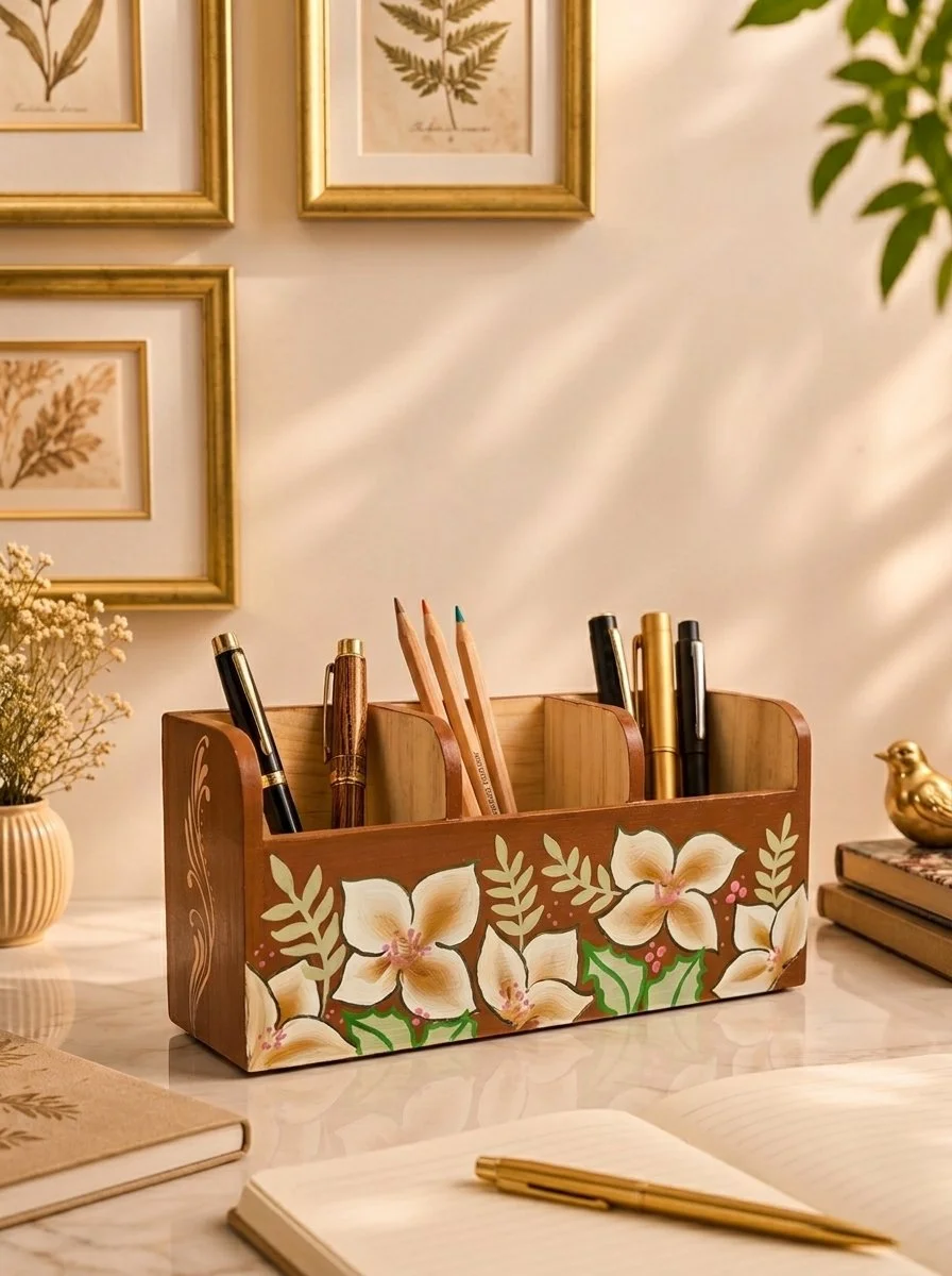 Cinnamon Magnolia Pen & Pencil Organizer, Hand-Painted Wood Desk Caddy