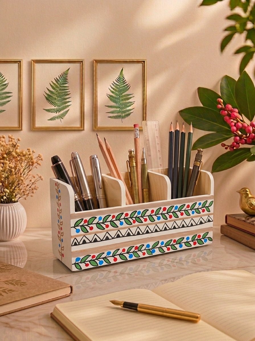 Woodland Berry Vine Pen & Pencil Organizer, Hand-Painted Wood Desk Caddy