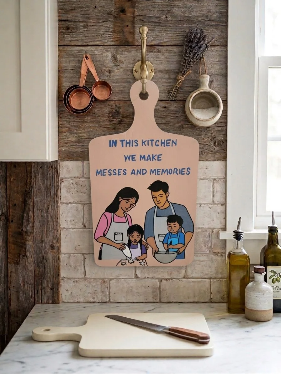 Messes and Memories Family Cutting Board Sign, Hand-Painted Wooden Kitchen Wall Art (Peach)